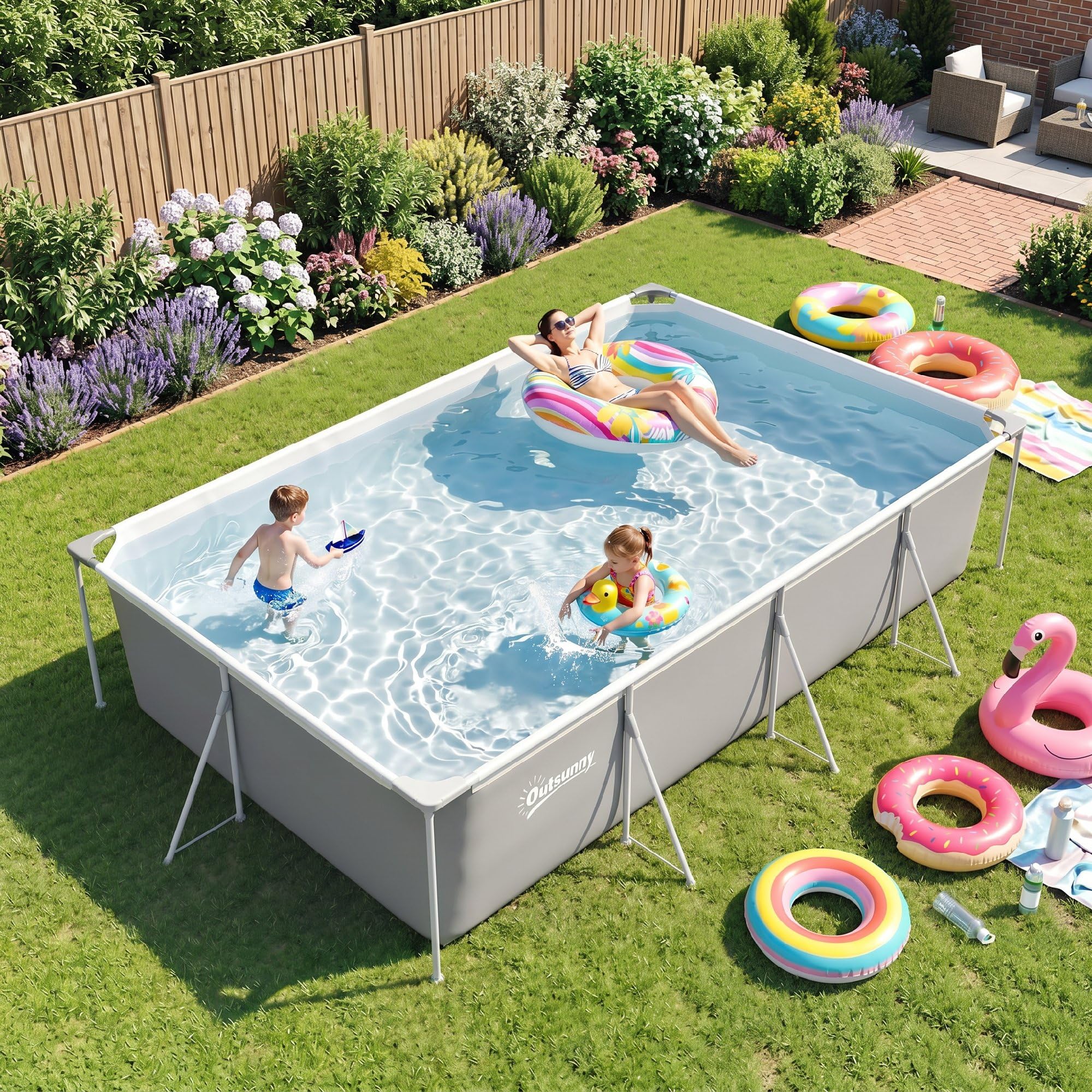 Outsunny Piscine Tubulaire Rectangulaire 394,5x208,3x80,5 cm 6075 L Gris | Nouvelle Structure Stable Antirouille, Piscine Hors Sol Famille De Jardin, Bassin PVC Triple Couche, Montage Facile