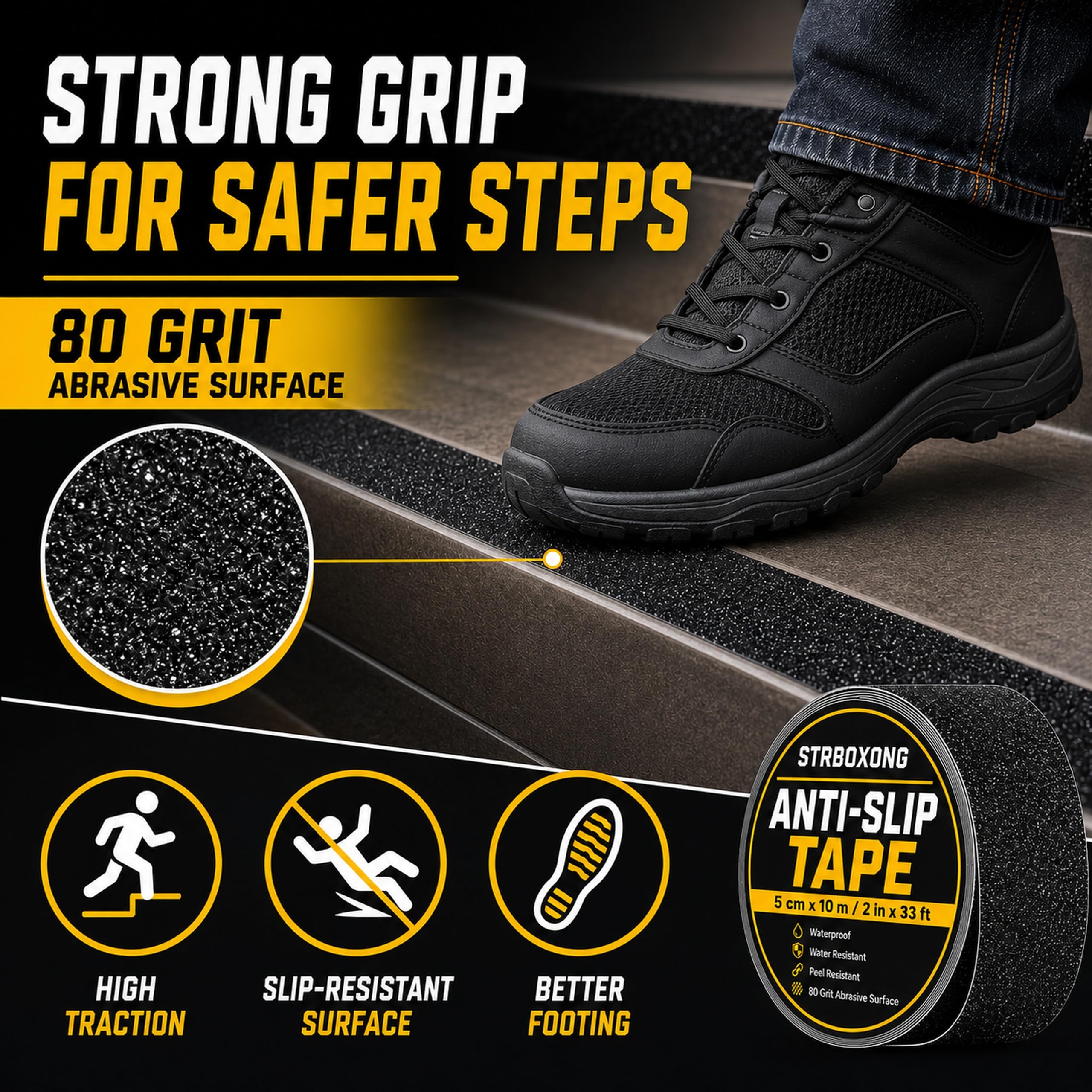 STRBOXONG Nastro Antiscivolo Nero 50mm x 10m, Strisce Adesive ad Alta Trazione per Scale Interne ed Esterne, Grip Tape Professionale Impermeabile per Gradini, Rampe, Marmo, Legno e Metallo, 1 Rotolo