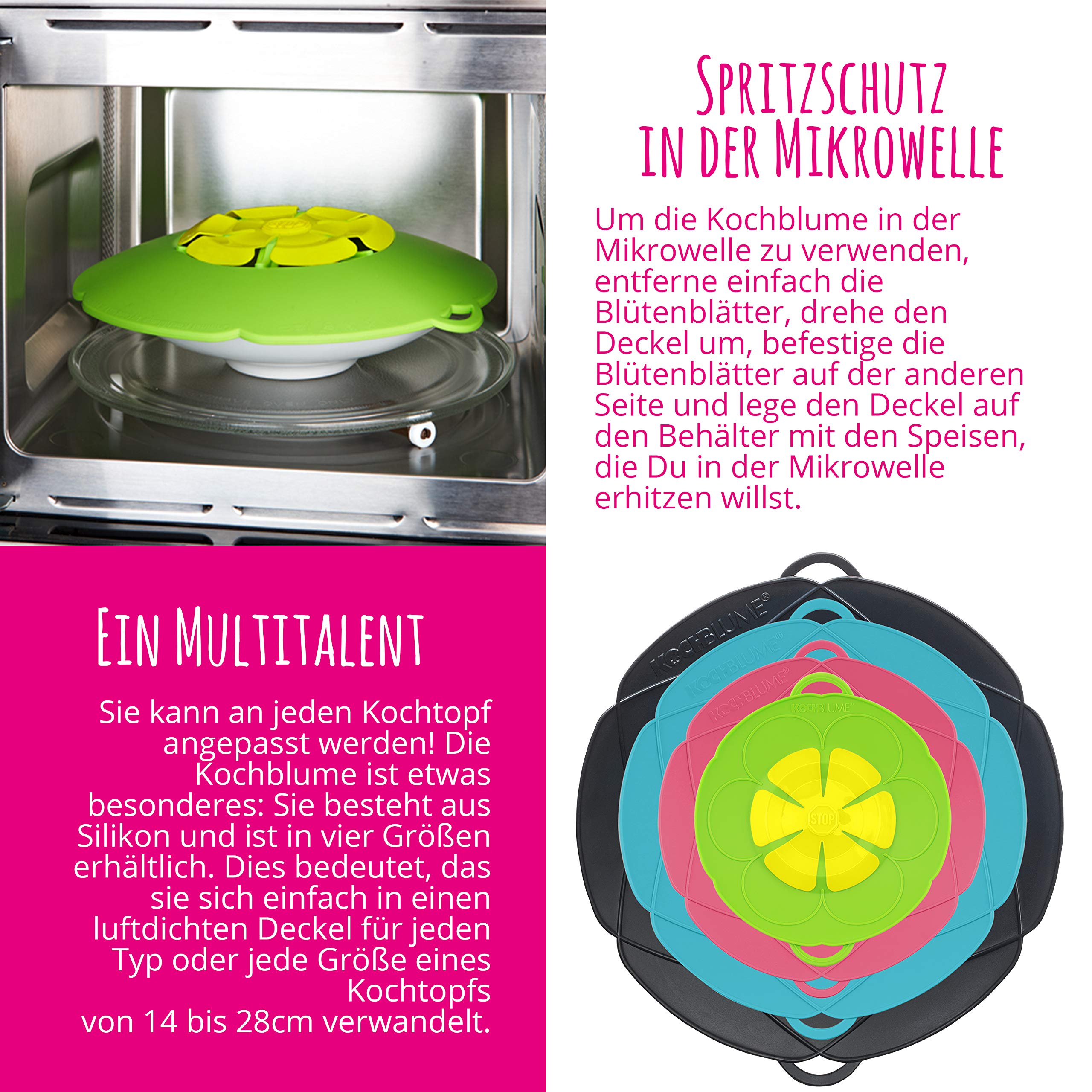 Kochblume Spar-Set für Töpfe von 14 bis 24 cm mit Microfasertuch als Set | Silikon Überkochschutz für Töpfe und Pfannen (anthrazit)
