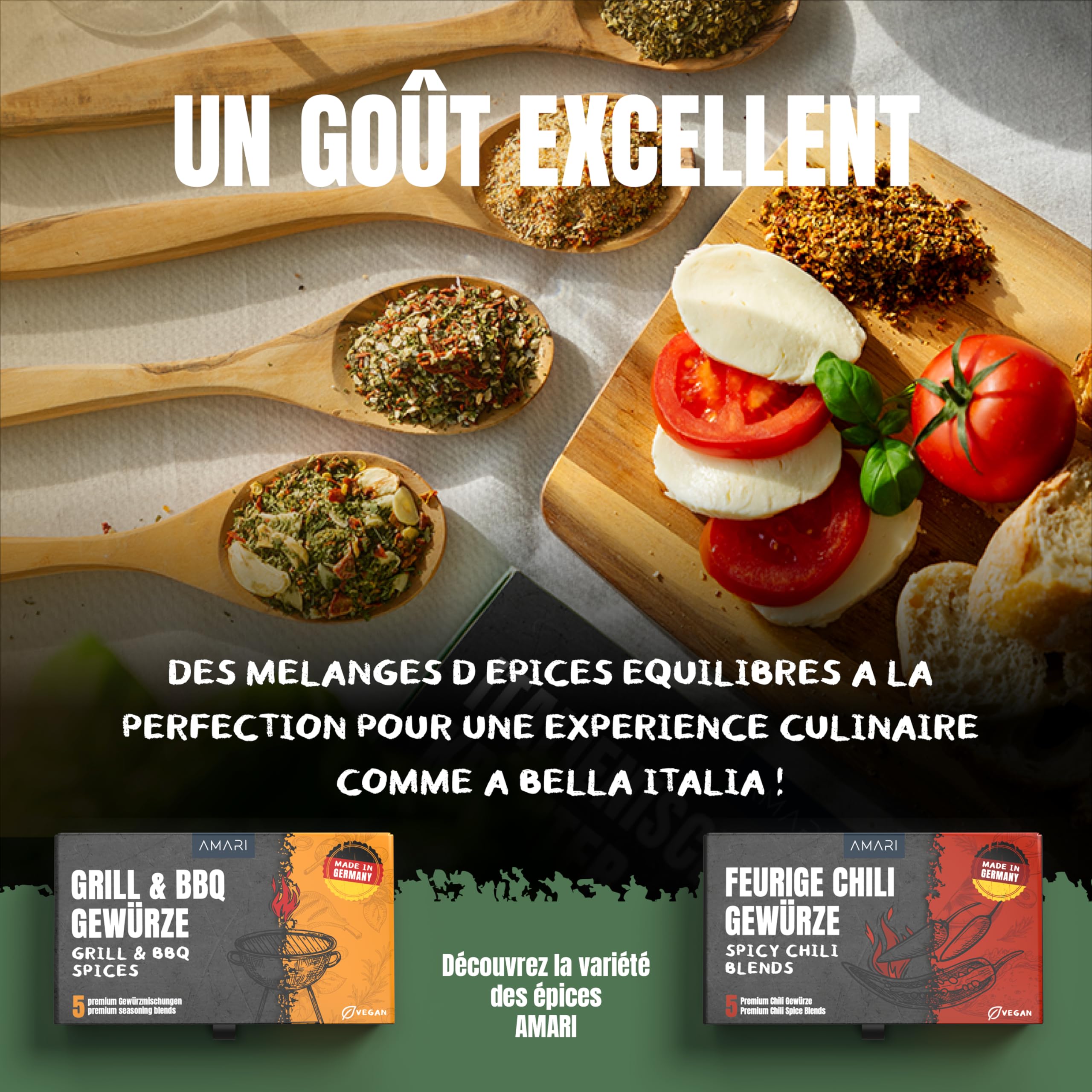 AMARI ® Ensemble de Epices pour Herbes Italiennes – 5 Mélanges d'épices Exquis – Epices du Monde Set Epices Cuisine Italiennes Epices Barbecue