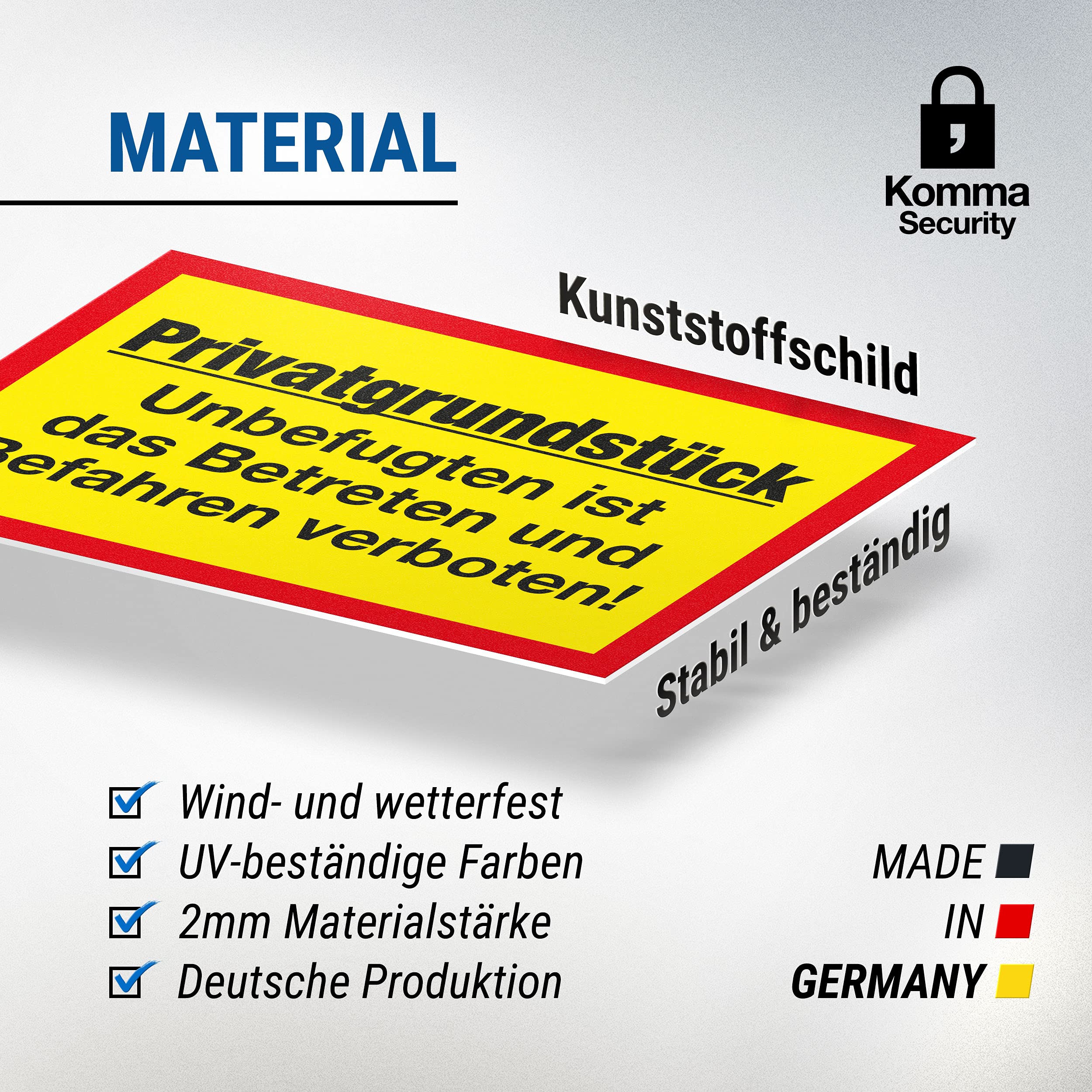 Komma Security Schild 'Privatgrundstück – Unbefugten Betreten/Befahren Verboten' – 30x20 Cm, Kunststoff, Für Innen & Außen