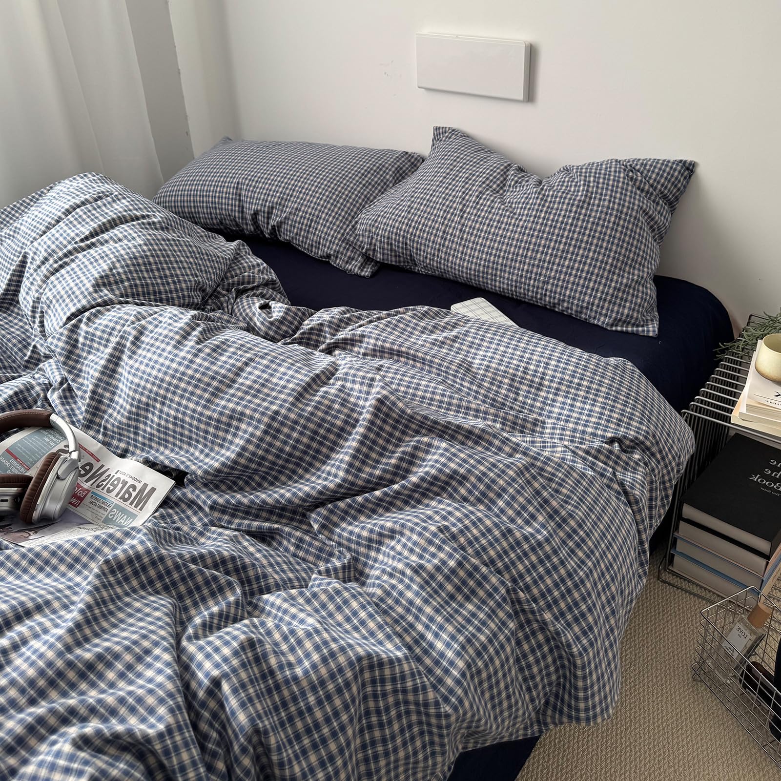 Gingham Duvet Cover Set Washed Cotton,King(104"x90"),Demin Blue Plaid