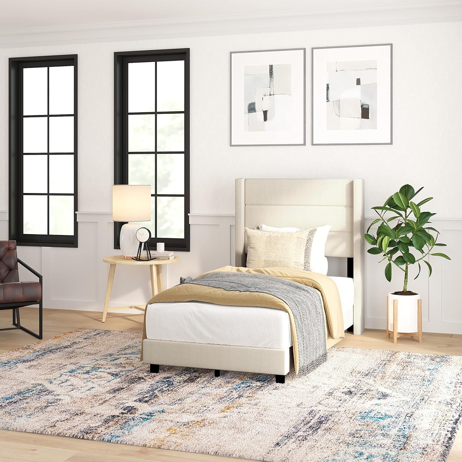 Taylor & Logan Hilton Beige Faux Linen Upholstered Platform Bed with Wingback Headboard, Slatted Support System - Twin