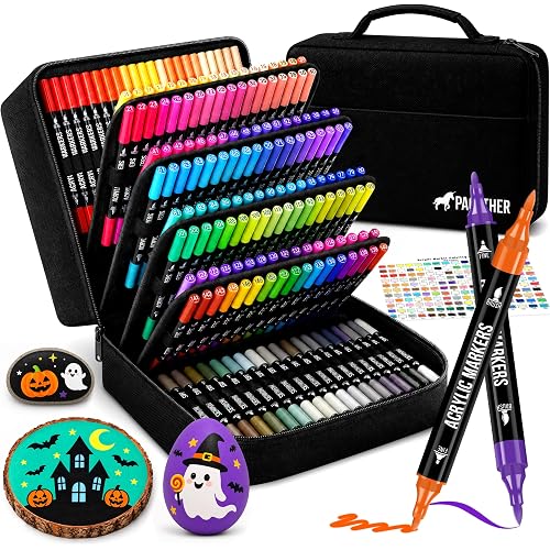 Pagather Acrylic Paint Markers, 168 Colors Dual Tip Fine & Brush Pens Set