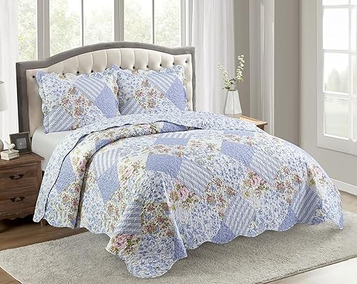 Miniatura 8 de Brilliant Sunshine Blue Toile - Juego de edredón de 3 piezas con 2 fundas de almohada, colcha reversible, colcha suave y ligera, para todas las