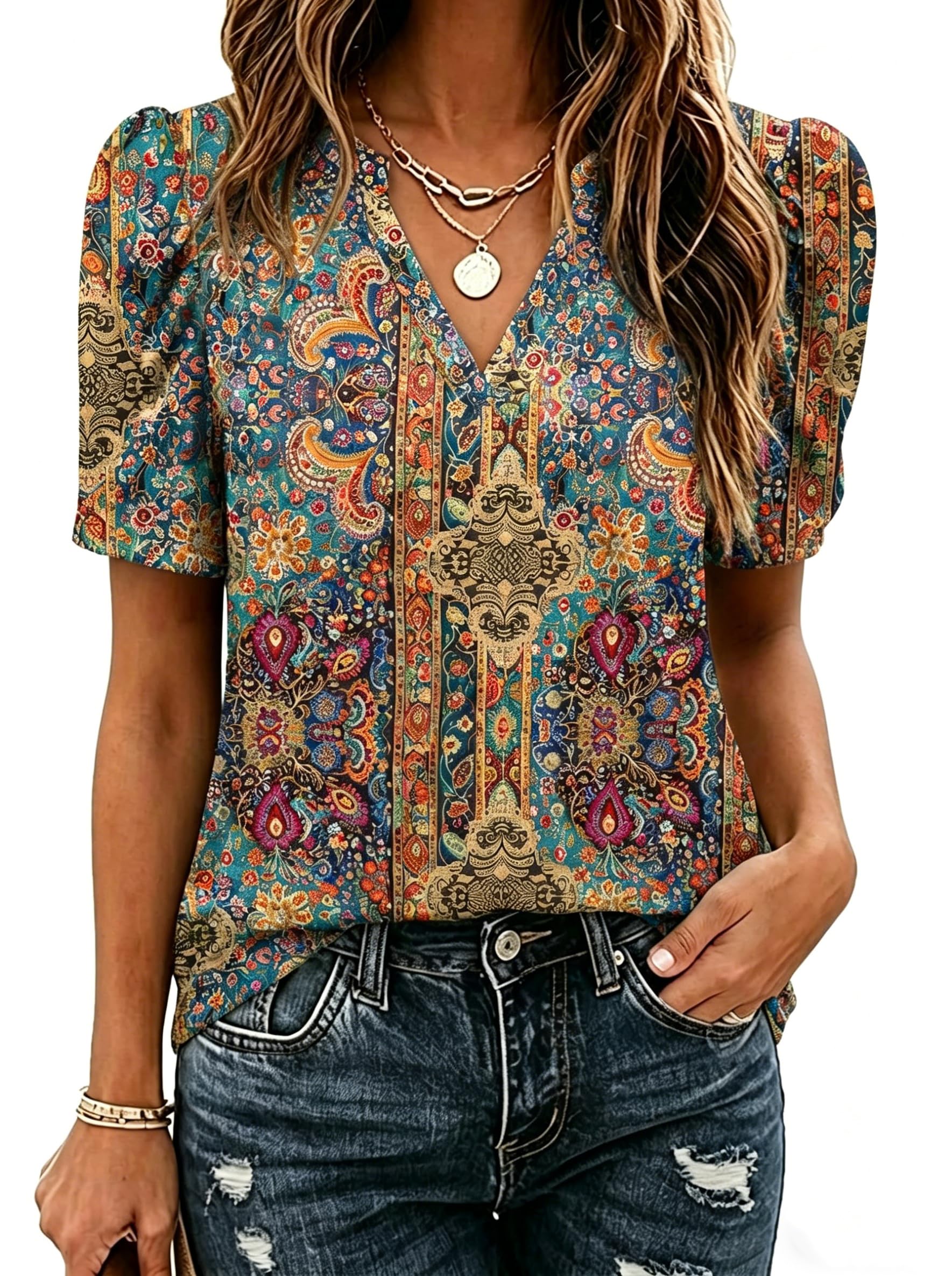 Zeagoo Women Blouses Puff Short Sleeve Tops V Neck Dressy Casual Spring Shirts Boho Floral Cute Clothes 2026