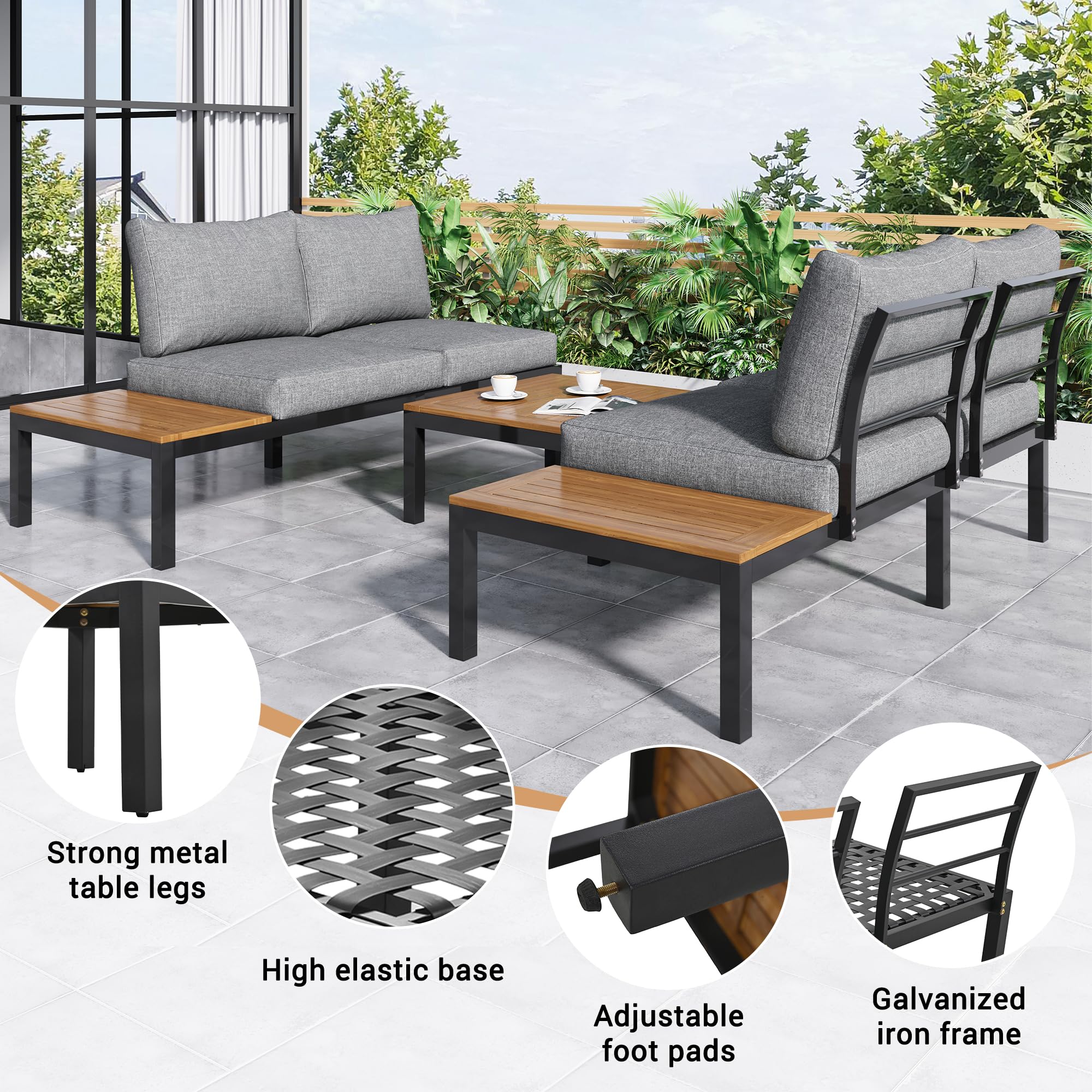 Juego de salón de jardín de 4 plazas, sofá cama cómodo con cojines, 2 asientos dobles, 1 mesa + 2 mesas de madera de acacia, estructura de acero galvanizado resistente, impermeable, gris