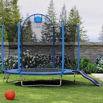 5FT/7FT/10FT Trampoline for Kids with Slide, Safety Enclosure Net, Jumping Mat, Safety Pad and Ladder   Indoor & Outdoor Toddler Trampoline for Garden or Home Use