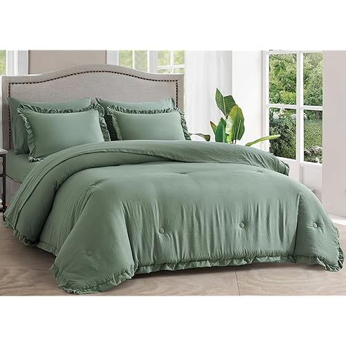 Chezmoi Collection Eleanora Full Bed in a Bag 7-Pieces Ruffled Edge Trim Stone Washed Double Brushed Microfiber Comforter with Sheets Lightweight All Season Bedding Set (Full, Sage Green)