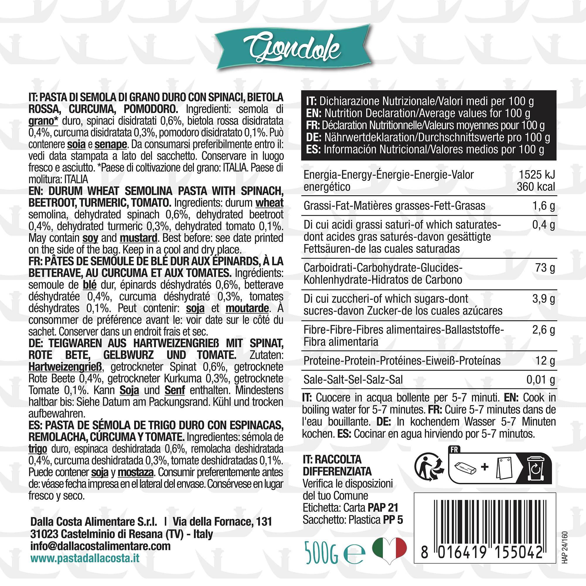 Dalla Costa Pasta Góndolas Happy Pasta. Made in Italy. Paquete Ahorro 12x500 gramos