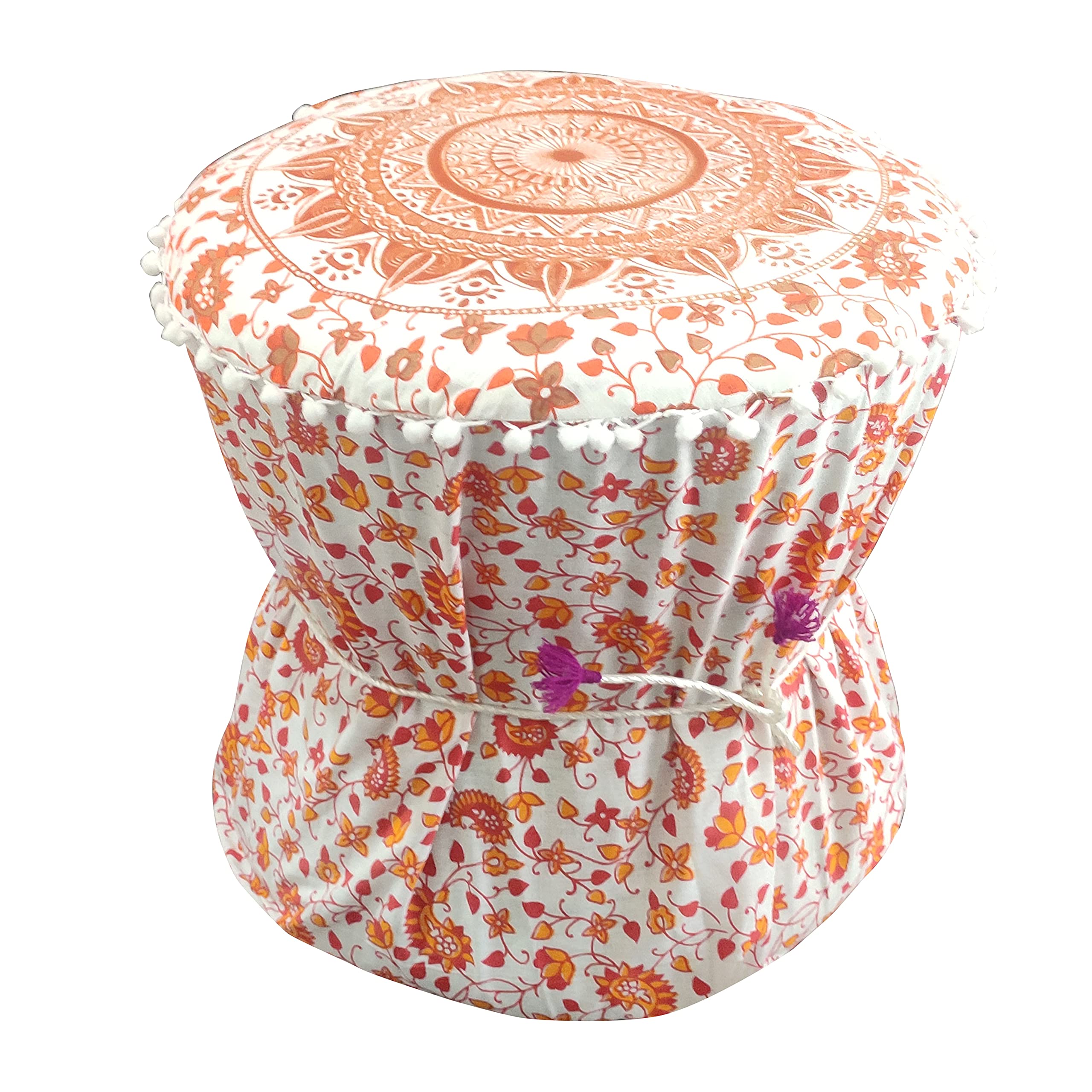 Indian Tradition Footstool Bamboo Cover Mudda Ottoman Pouffe Cover Multi Colour Size 17x18 Inches-image-5