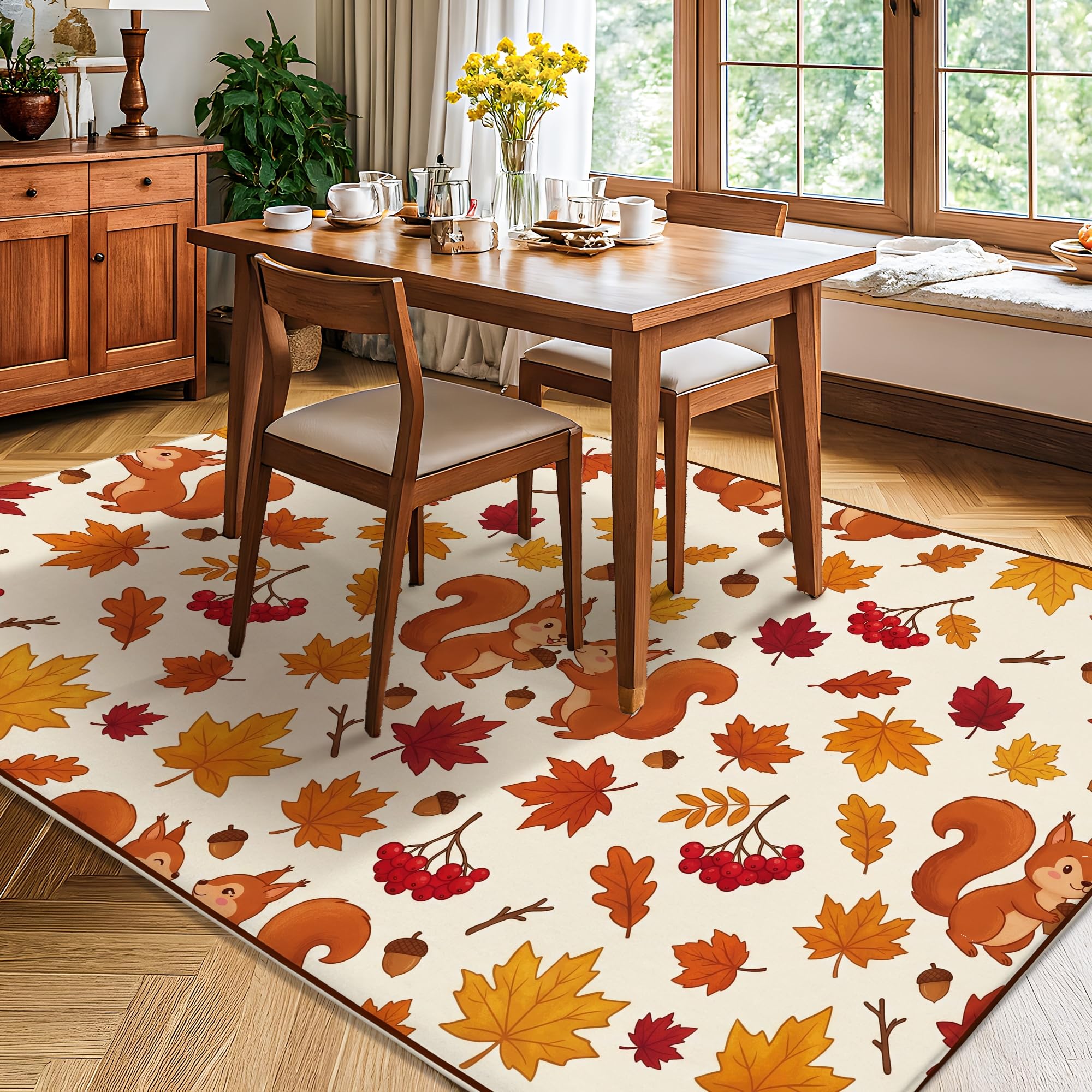 Alfombra de área de ardilla, inspirada en la naturaleza, hojas de arce, bellota, otoño, marrón, de pelo bajo, estética, rectangular, alfombra para el hogar, sala de estar, dormitorio, debajo de la
