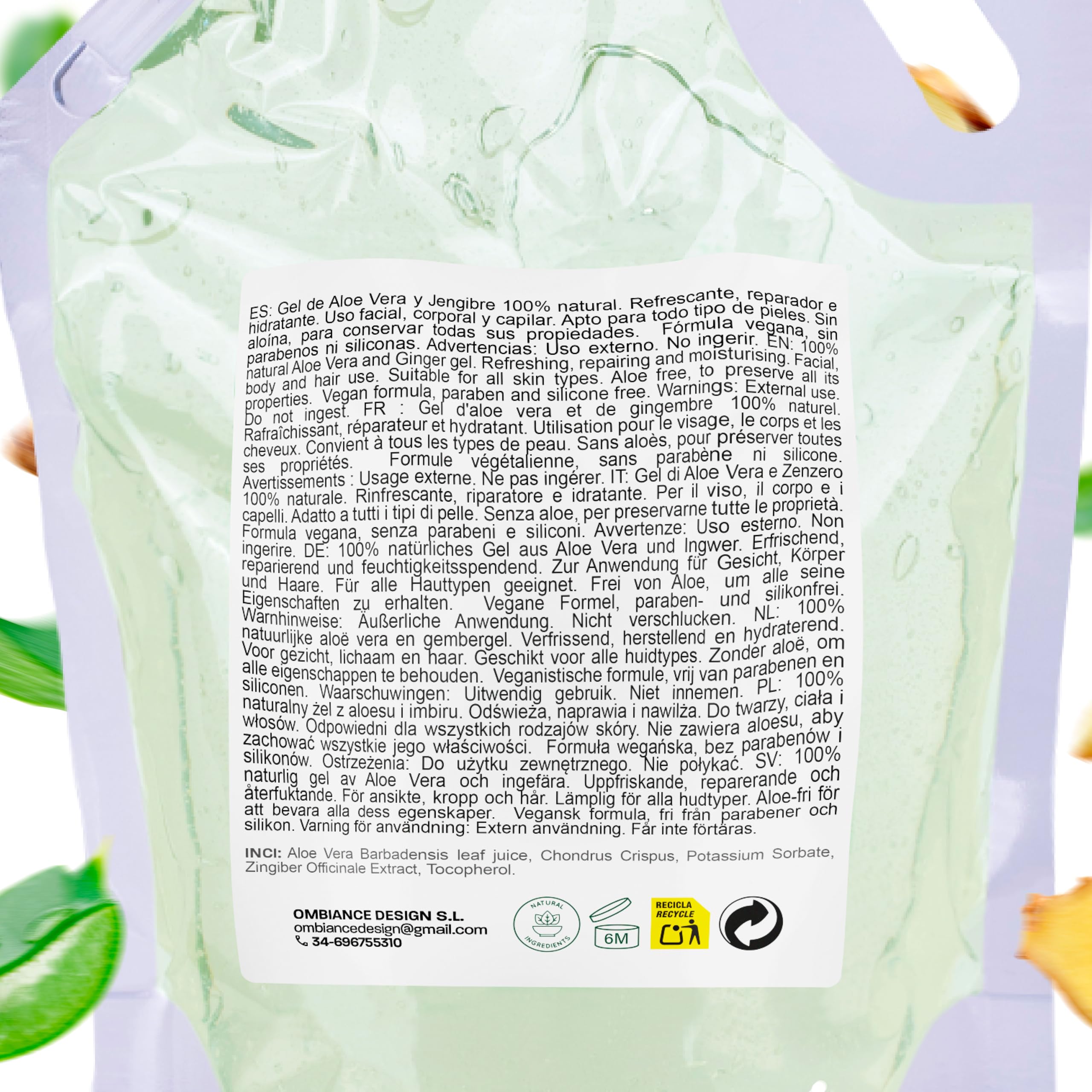 Gel Aloe Vera & Gingembre – Soin Naturel à Base de Feuille Fraîche – Hydratant, Tonifiant & Raffermissant – Visage, Corps, Cheveux – Après-Soleil, Jambes Lourdes – Aloe Écologique (5000)