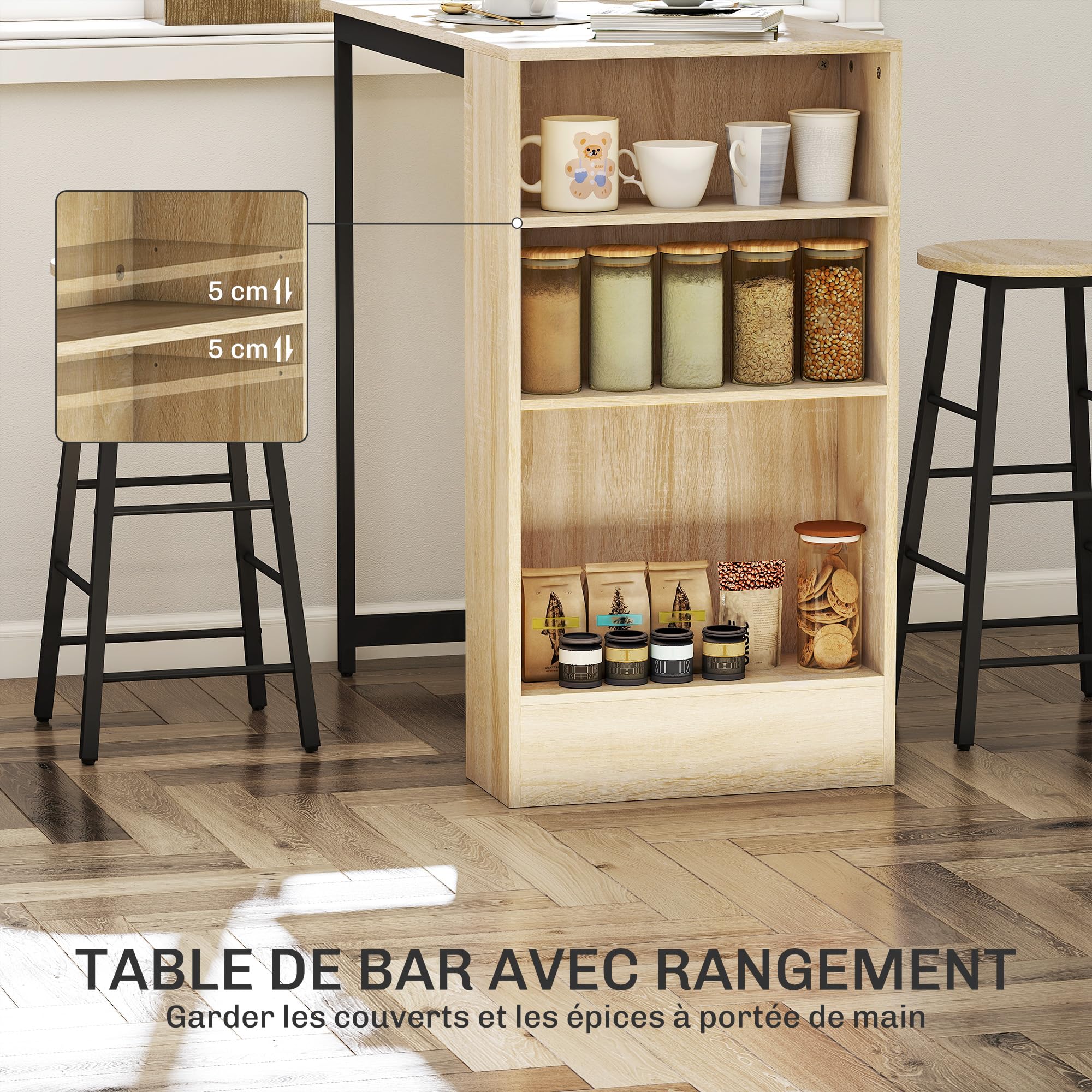 HOMCOM Ensemble Table de Bar avec Tabourets 2 Chaises de Bar Chêne et Noir