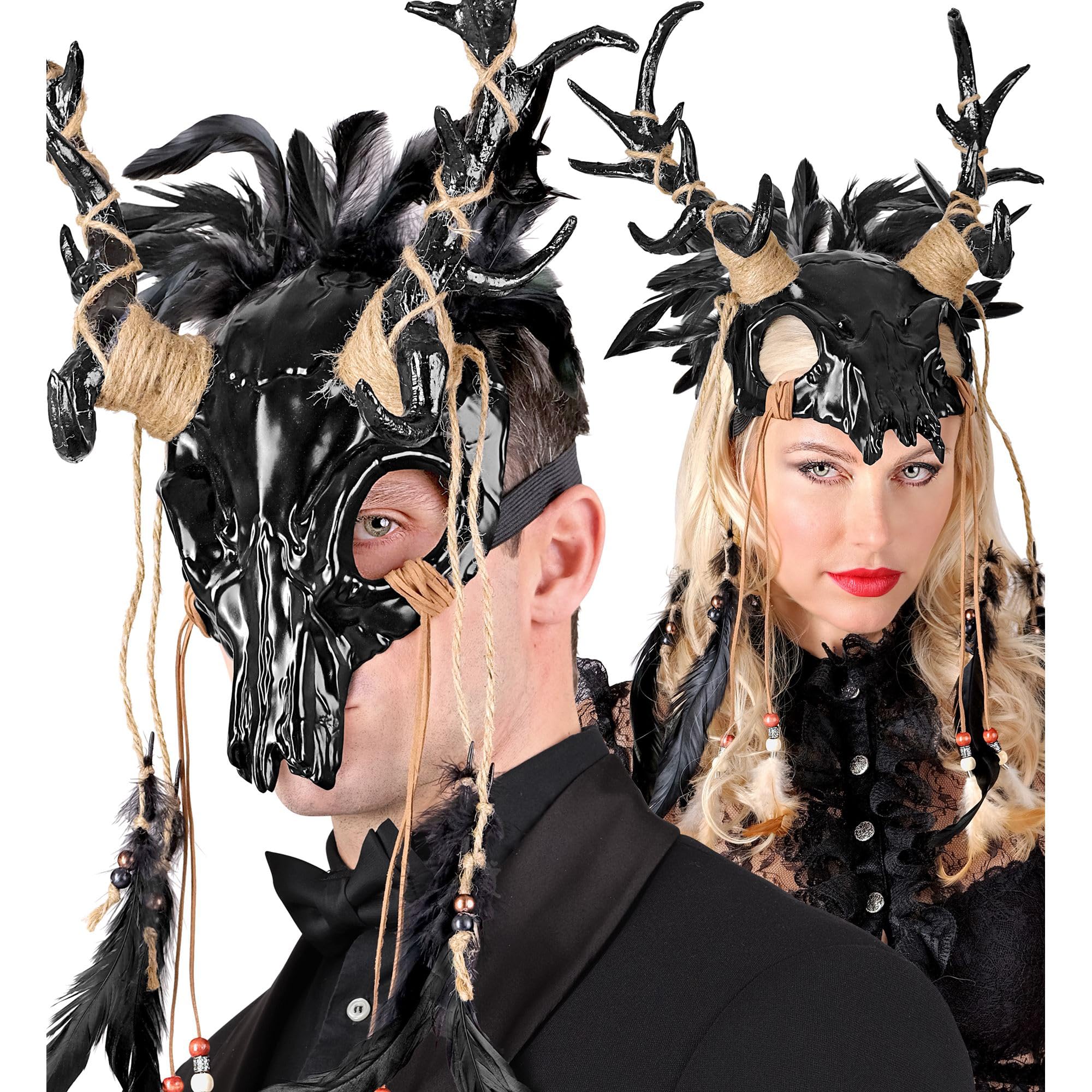 W WIDMANN MILANO Party Fashion - Masque de chaman crâne de taureau avec bois de cerf et plumes, carnaval, accessoire Halloween