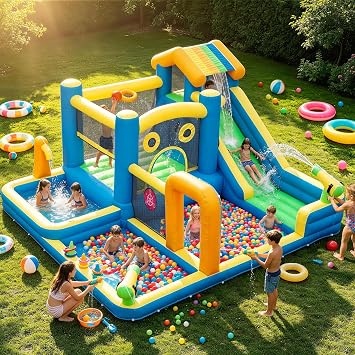 AONESY Château Gonflable Aquatique avec Toboggan, Basket et Foot