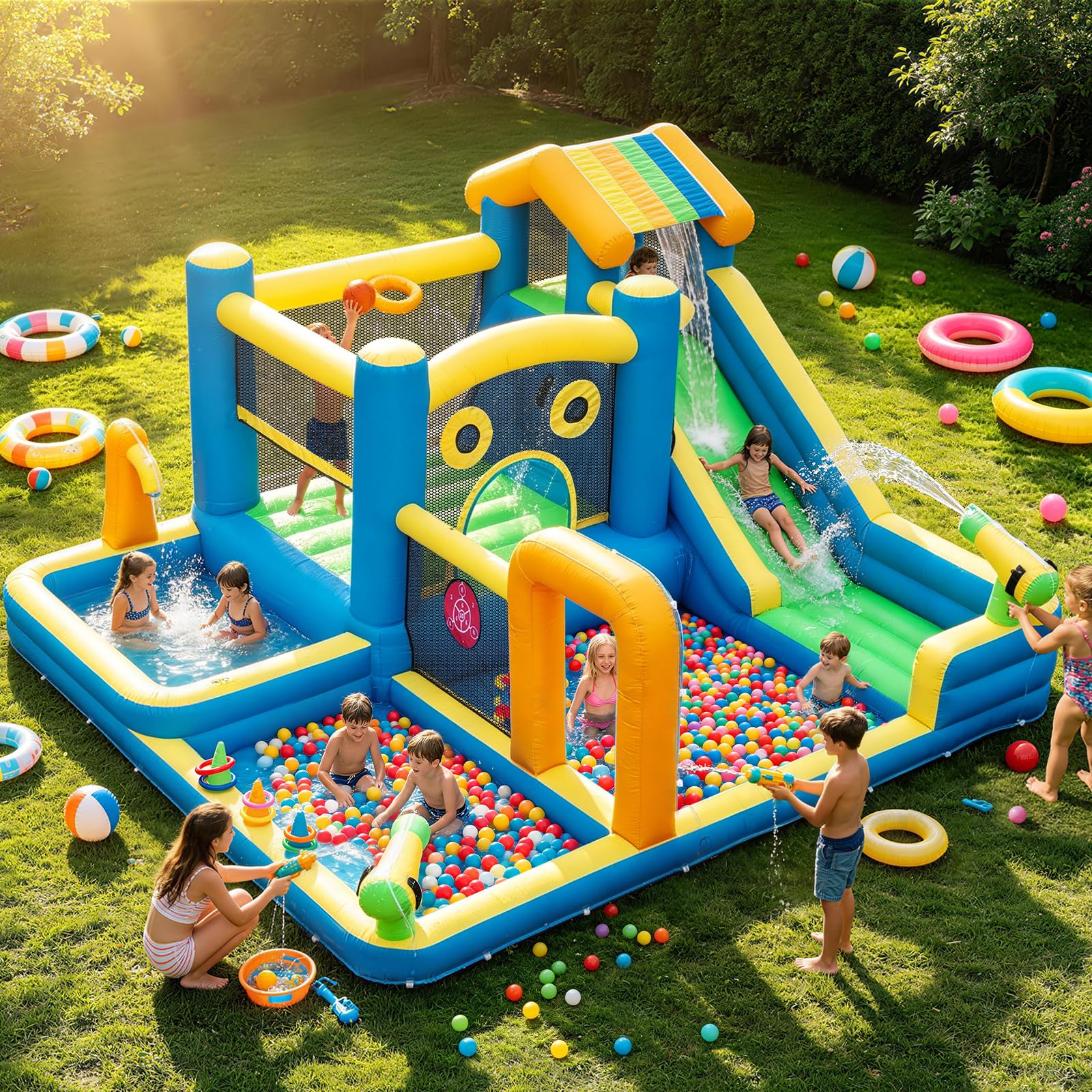 Castillo Hinchable para niños, AONESY Castillo Hinchable con tobogán de Agua, rociadores de Agua, Escalada, Salto, Zona de fútbol y Canasta de Baloncesto para Interior y Exterior