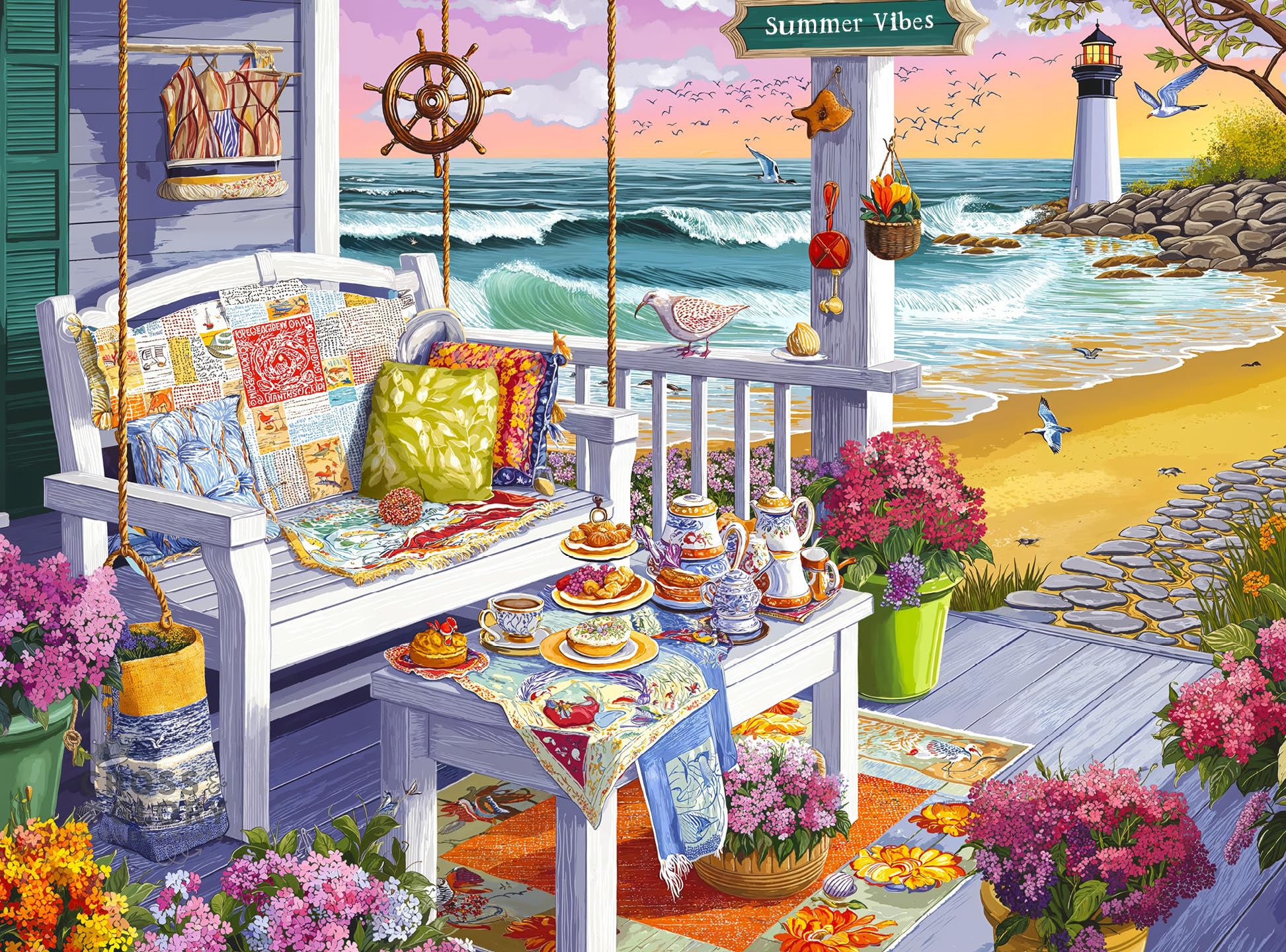 Cross & Glory – Tea at Tidelight – 1000 Piece Jigsaw Puzzle for Adults | Cozy Seaside Porch & Lighthouse Sunset Scene | Whimsical Coastal Puzzle