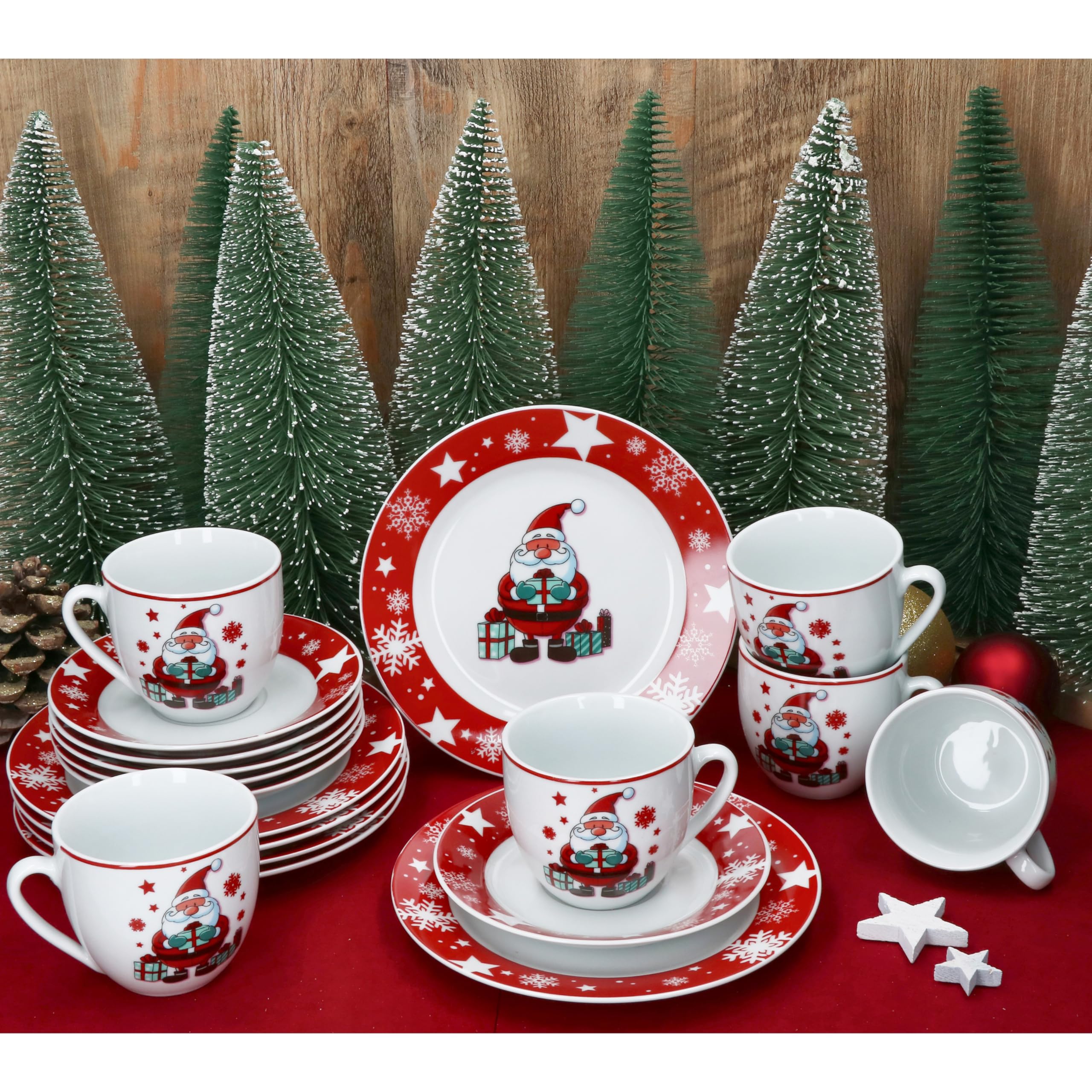 MamboCat Service à café Père Noël pour 6 à 18 pièces en porcelaine avec décoration de Noël – Comprend 6 tasses à café, soucoupes, assiettes à gâteau – Vaisselle de vacances