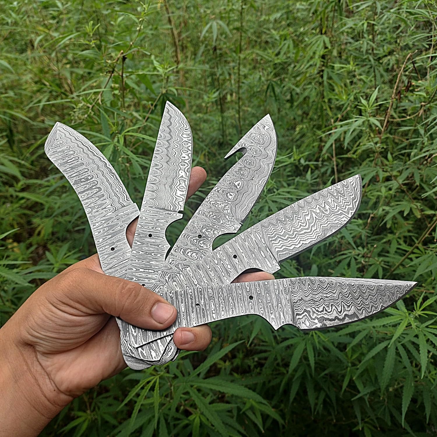 Damascus Steel Blank Blades Set - 5 Pcs Handmade Full Tang Fixed Blade EDC Gut Hook Skinning Hunting Knife Blanks Set