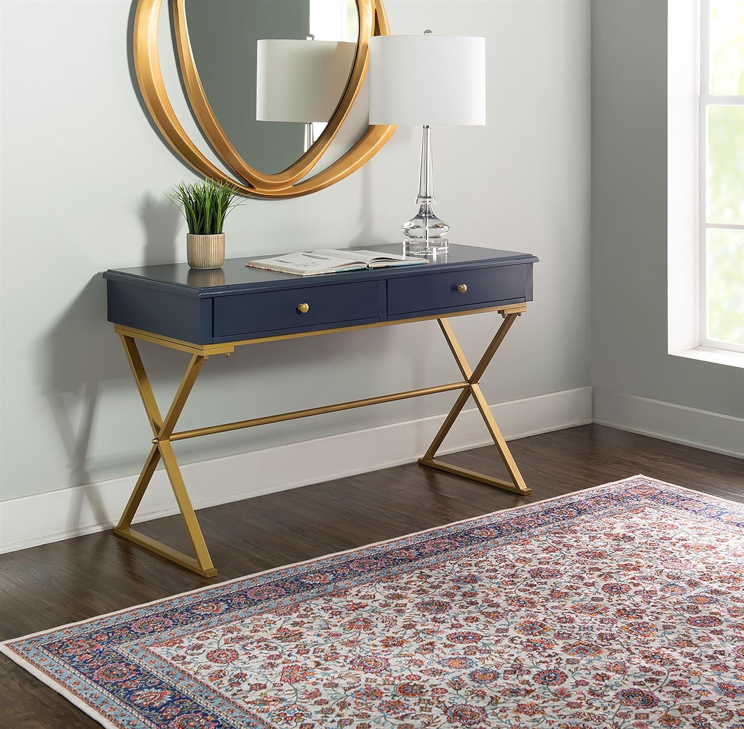 Linon Campaign Two Drawer Desk Gold Metal Criss Cross Legs Top in Blue Wood