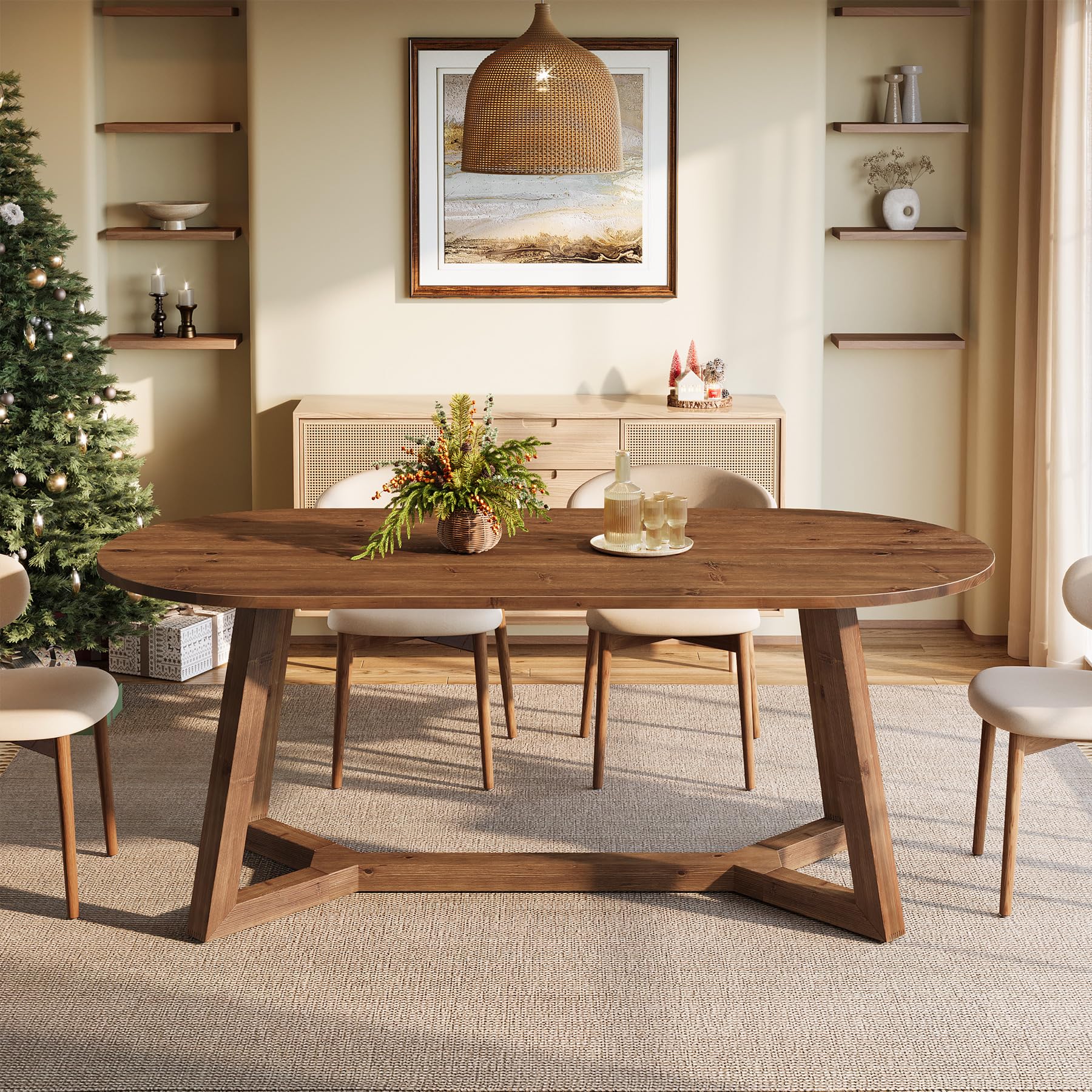 TRIBEWOOD Solid Wood Oval Dining Table for 4-6, 63-Inch Wooden Modern Kitchen Table with Sturdy Tapered Legs for Living Room, Dining Room,Office (Rustic Brown)