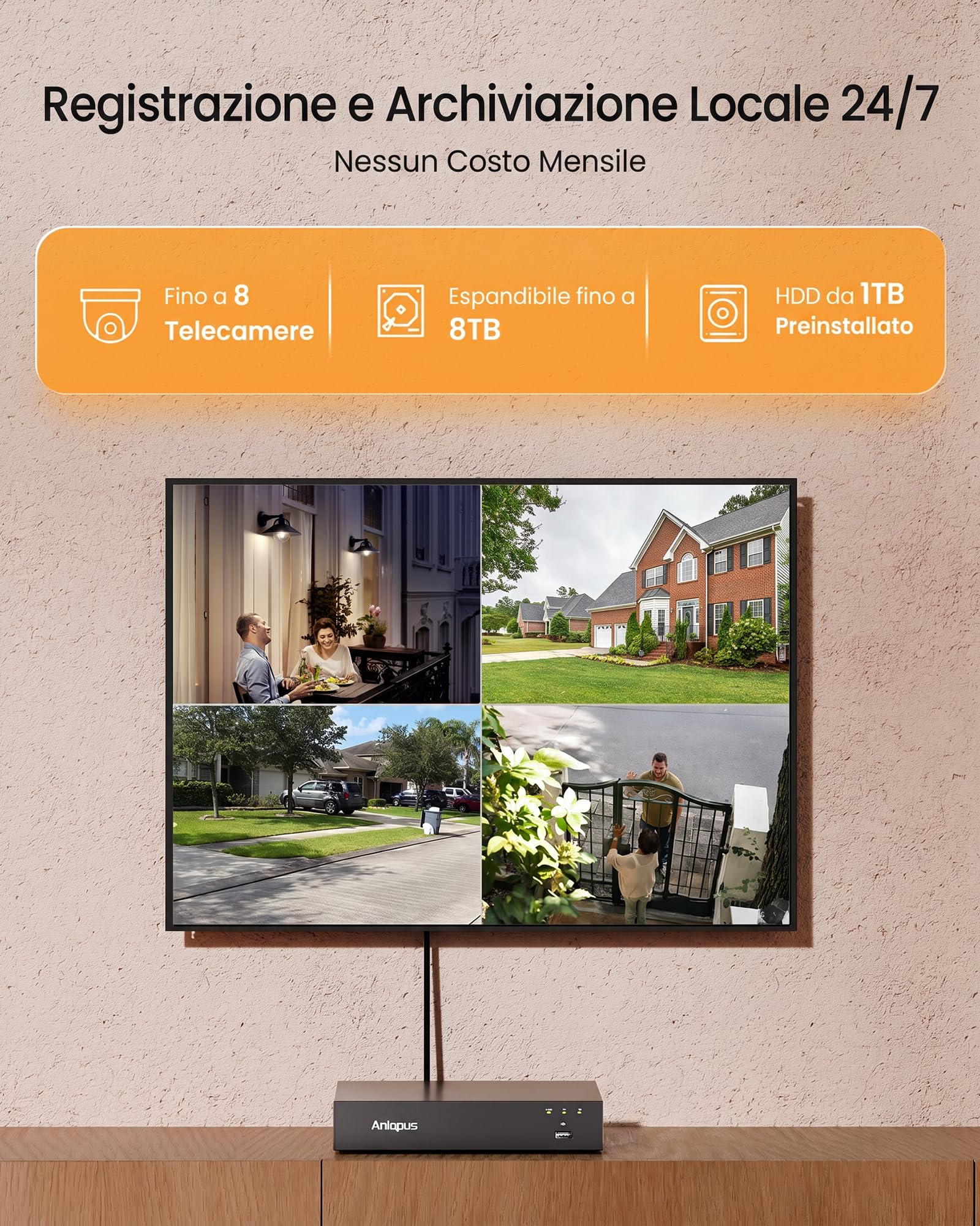 Anlapus 4K 8MP Set di telecamere di sorveglianza per esterni, 8CH 1TB DVR, 4 telecamere dome BNC cablate con registrazione audio, riconoscimento KI persone e veicoli, IP66 resistente alle intemperie
