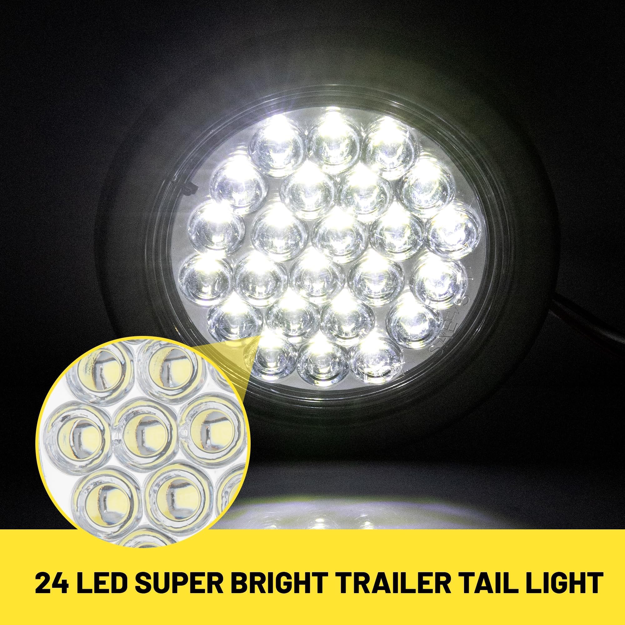 Oyviny 4 Inch Round LED Trailer Lights - 24 LED White Stop/Turn/Reverse Lights IP65 Waterproof (2 Pack)