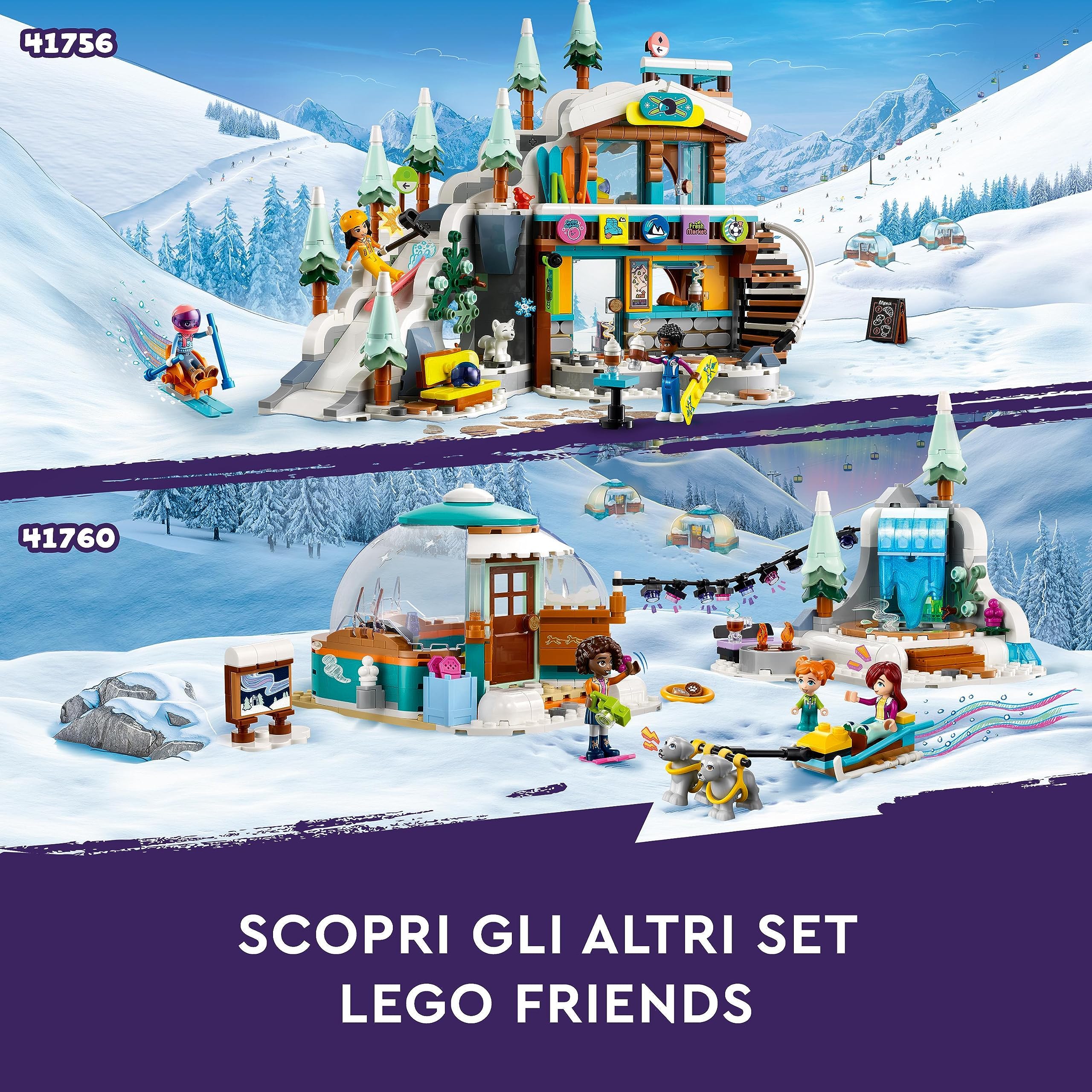 LEGO Friends Pista da Sci e Baita, Set Sport Invernali, Giochi per Bambine, Bambini, Ragazzi e Ragazze con Mini Bamboline di Liann, Aron e Zac e Figura Di Animale Fox, Regalo Creativo per Natale 41756