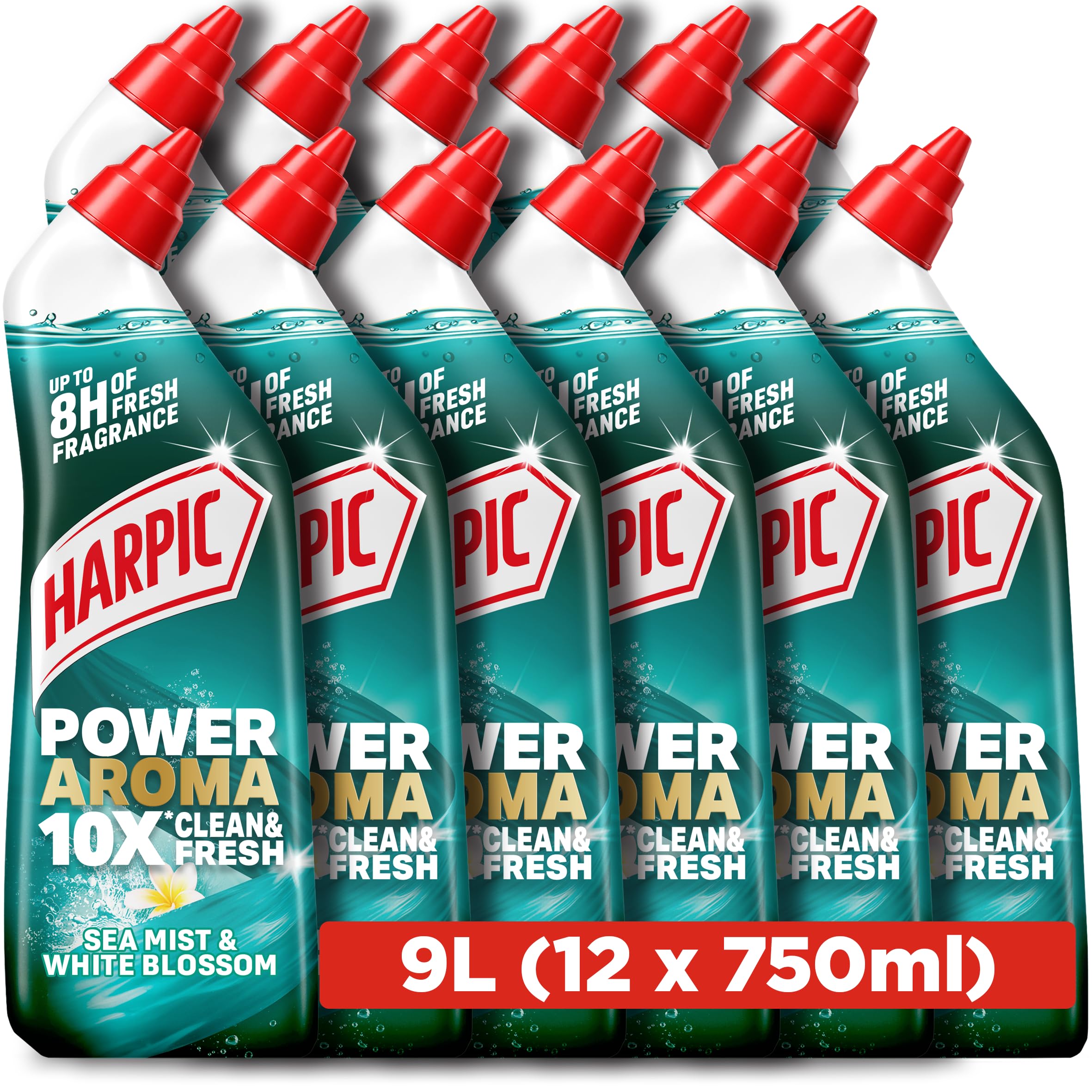 Harpic Power Aroma 10X toilet cleaning gel, Sea Mist & White Blossom fragrance, 750ml (12 x total 9.0L), 8 hours of fresh fragrance, kills 99.9% of bacteria