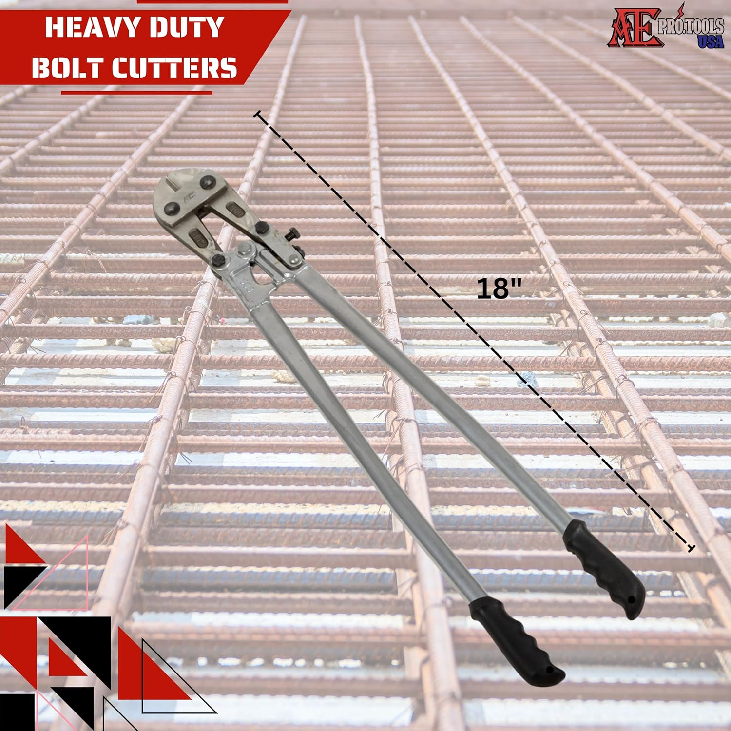 ATE Pro. Tools - 18" Heavy Duty Bolt Cutter, Drop Forged Cr-Mo Alloy Steel Blades, Ergonomic Non-Slip Handle, Cutter for Rebars, Chains, Locks, Wires, Bolts, Fence, Rivets