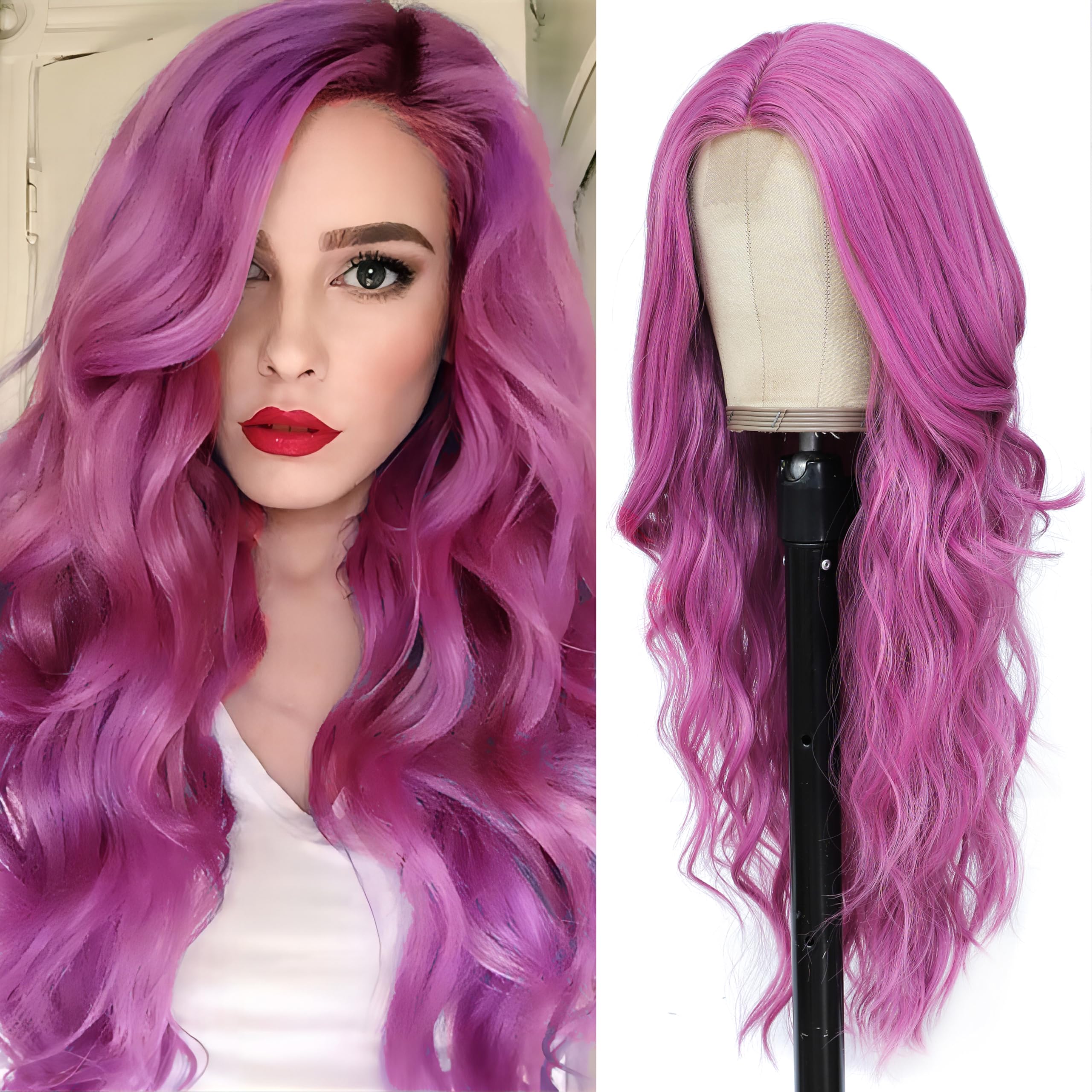 HMHIFI Long Purple Wig for Women 26Inch Wavy Curly Hair Wigs Synthetic Hair Replacement Wig Heat Resistant Hair Wig for Daily Party Use(26'' Purple)