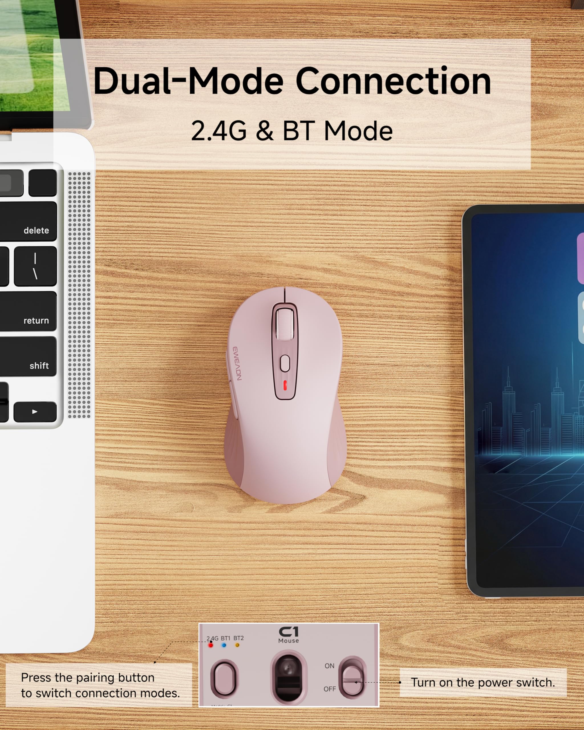 EWEADN C1 Kabellose Maus für Laptop, 2,4 GHz und Bluetooth Silent Maus für Kleine & Mittelhand, 4000DPI Tragbare Ergonomische Wiederaufladbare Maus für PC, iPad, Mac, Chromebook, Büro, Rosa