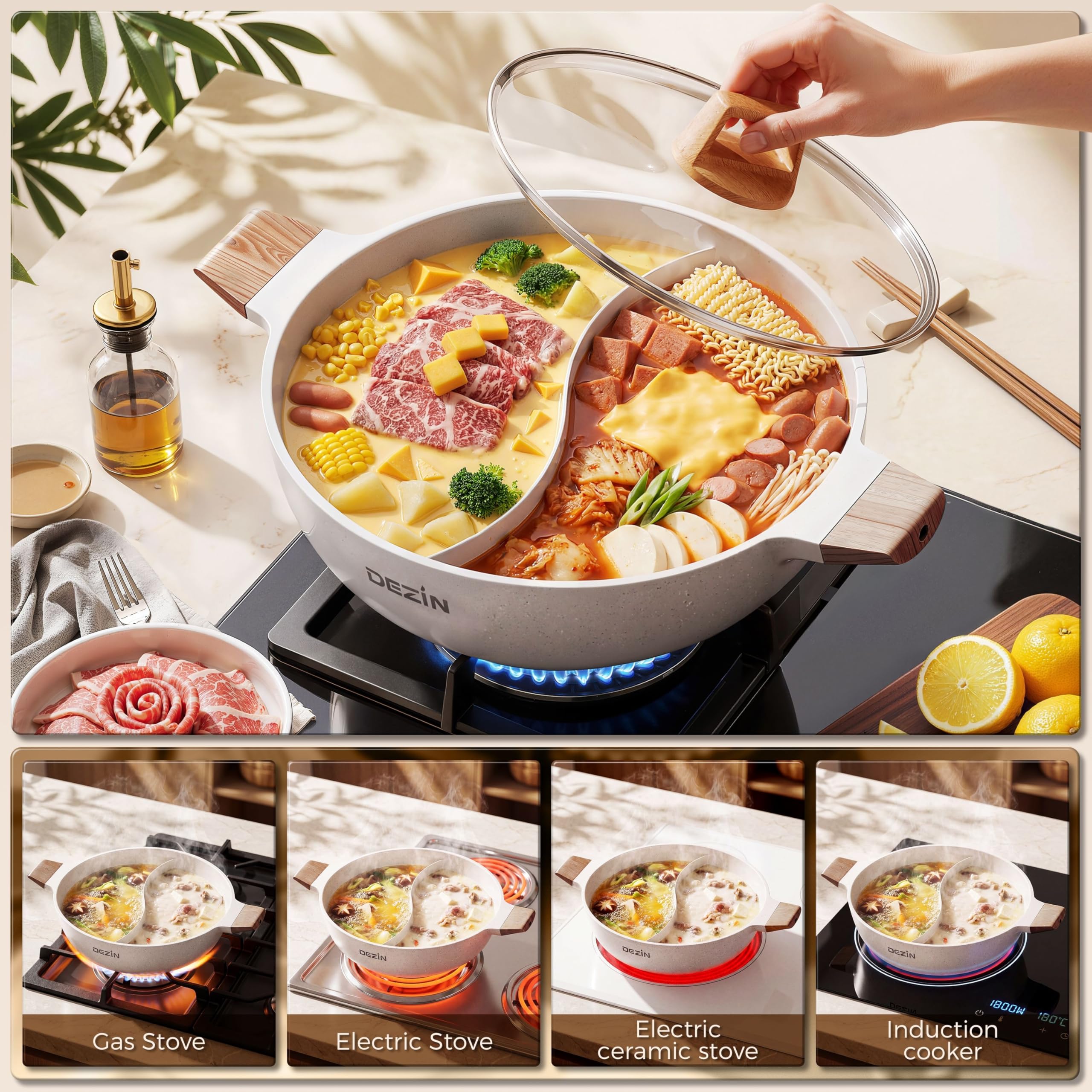 Dezin Marmite Shabu de 5 L à Double Saveur Avec Séparateur, Casserole Antiadhésive Double Face, Marmite Divisée de 30,5 cm Pour la Cuisine, Casserole Pour Plaque à Induction