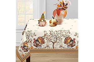 [Thanksgiving Tablecloth] Fall Thanksgiving Double Border Decoration, Turkey & Pumpkin Harvest, 60x84 Oblong/Rectangle