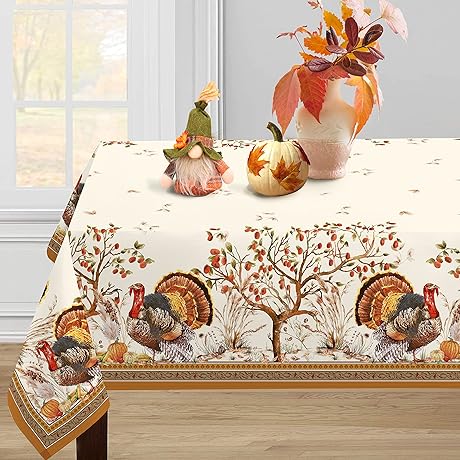 [Thanksgiving Tablecloth] Fall Thanksgiving Double Border Decoration, Turkey & Pumpkin Harvest, 60x84 Oblong/Rectangle