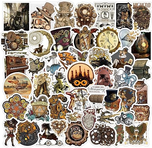 Paquete de 62 calcomanías Steampunk, lindas calcomanías impermeables de vinilo de dibujos animados para botella de agua, laptop, teléfono, patineta,