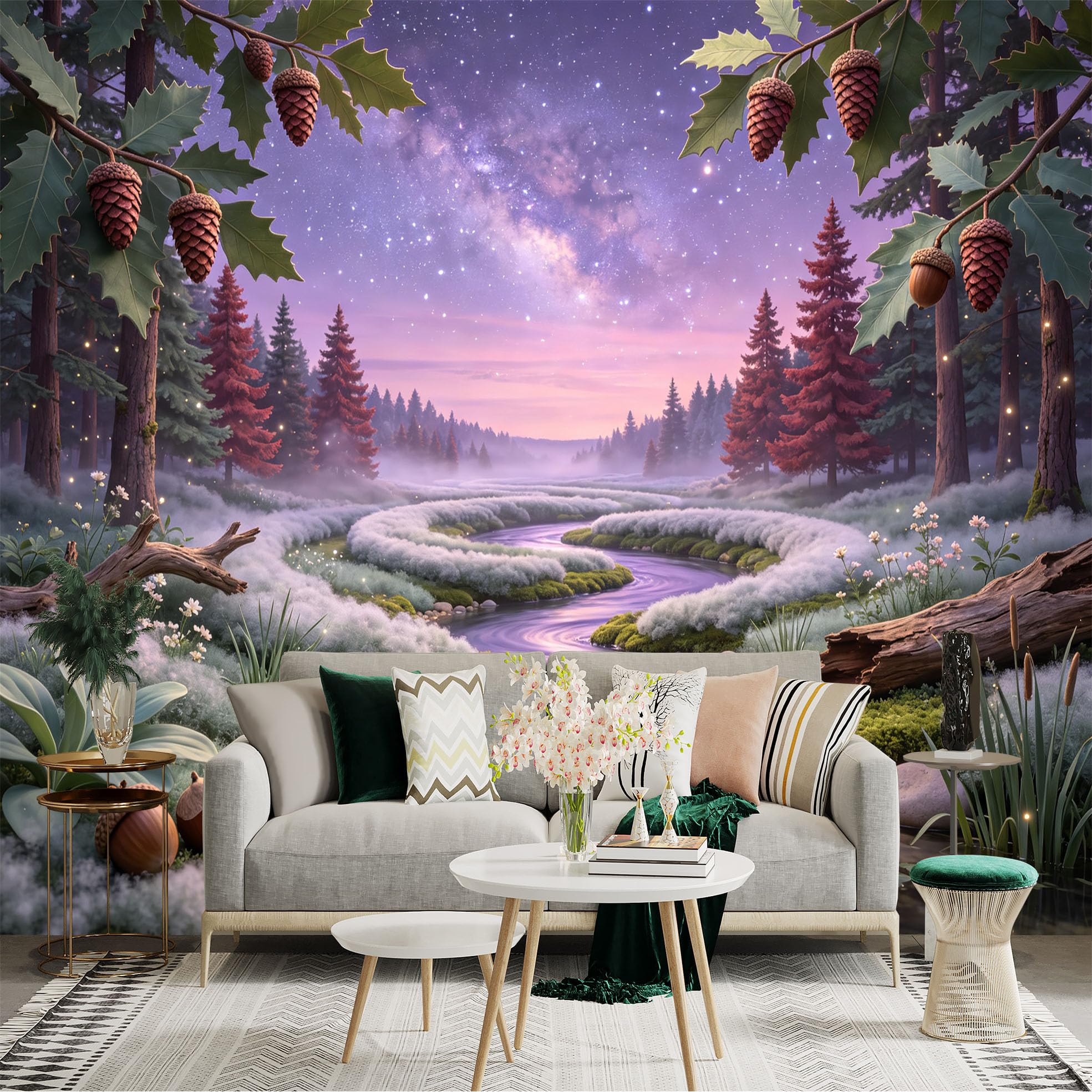 Custom Size Wall Sticker Mural， Enchanted Forest Stream， Milky Way Galaxy Sky， Oak Acorns and Pine Trees， for wall Decoration， peelandstick wall Decals.