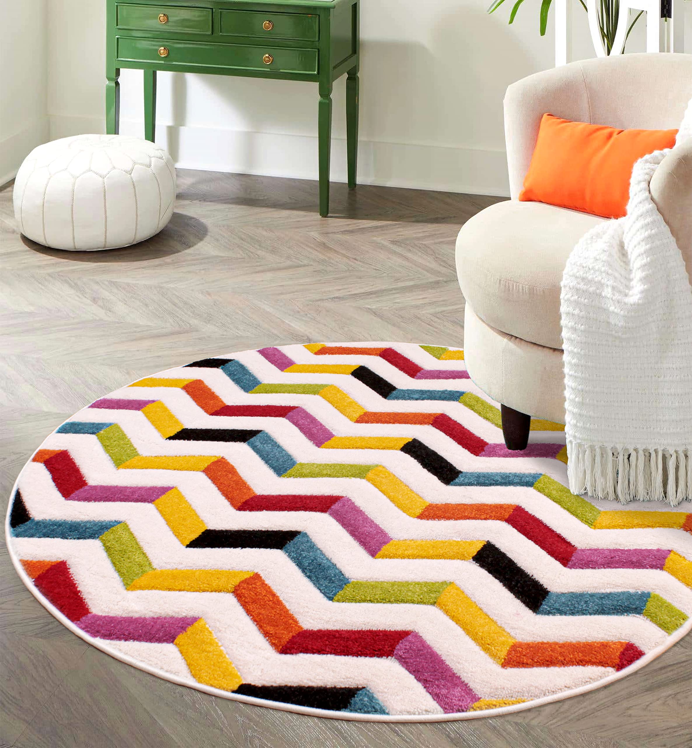 Lord of Rugs Quality Handcarved Geometric Design Rainbow Multi Coloured Rug Coral Multi Circle 133x133 cm (4'5"x4'5") Round โ image 1