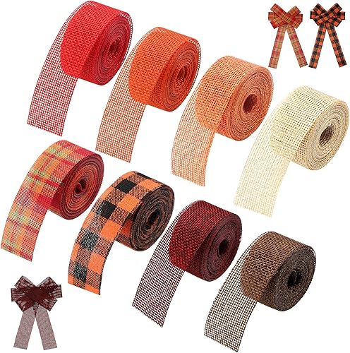 Waydress 8 rollos de cinta de arpillera de otoño de 32 yardas de 1 pulgada, cinta a cuadros de otoño para lazos florales, manualidades, corona,