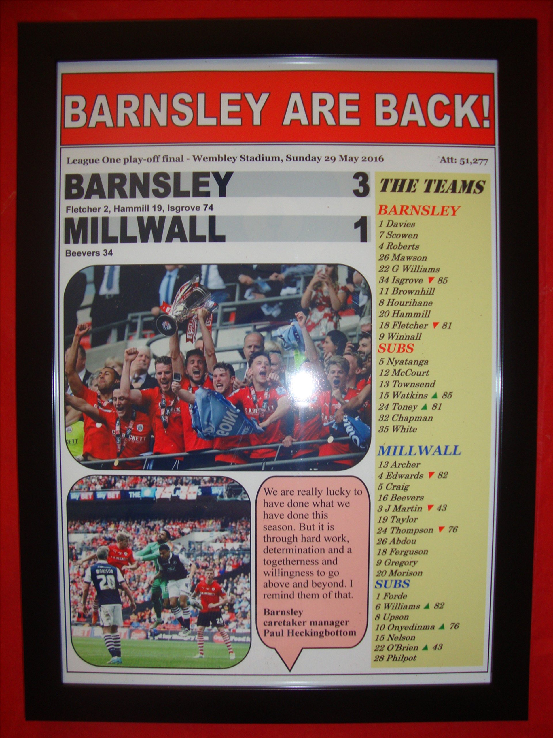 Lilywhite Multimedia Black Barnsley 3 Millwall 1 - 2016 League One Play-Off Final - Framed Print