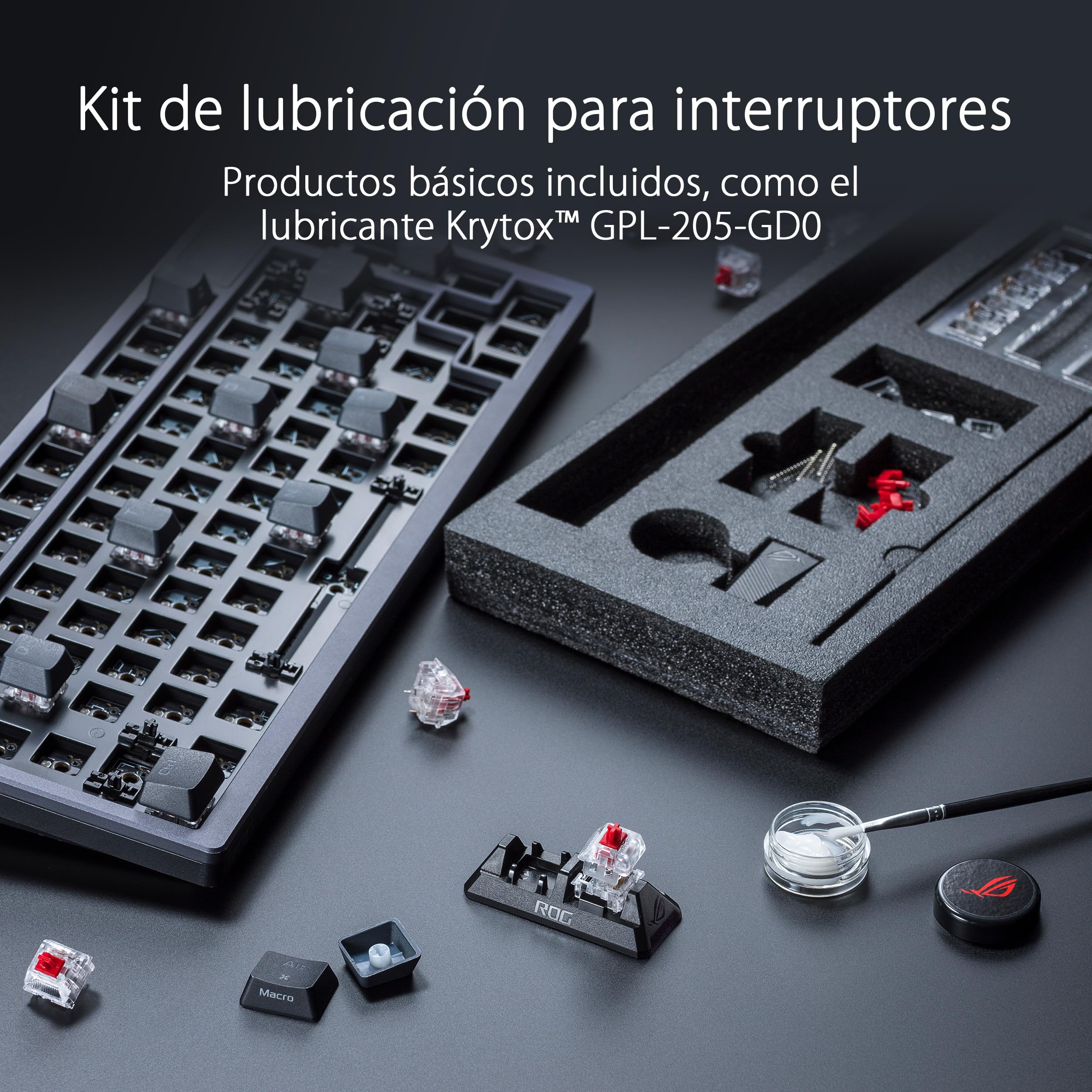 ASUS ROG Azoth - Teclado Mecanico Gaming 75%, Cubierta Metálica, Switch ROG NX Red lubricados, ABS, Kit de Lubricado, IR, BT y USB-C, Pantalla OLED, Tres Alturas y Compatible con Mac - QWERTY español