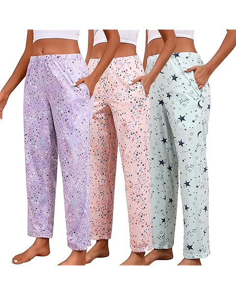 PNAEONG Pajama Pants Women 3 Pack Soft Cotton Lounge Pants Comfy Casual Pajama Bottoms with Elastic Waistband & Pockets
