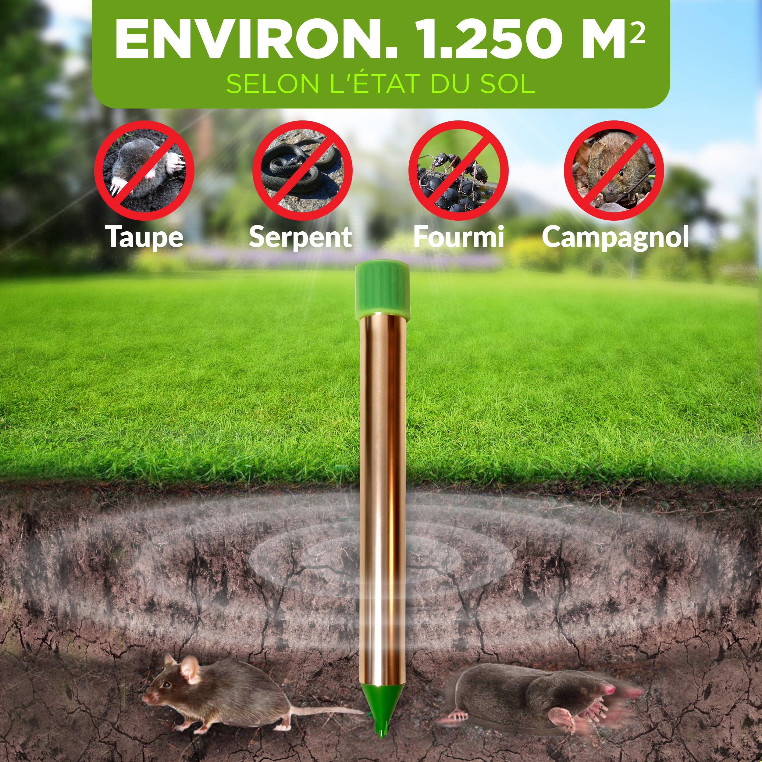 ISOTRONIC Répulsif Anti-Taupes pour repousser Les Taupes, Les campagnols et Les Serpents – Répulsif Anti-Taupes à Piles avec Piquet de Sol pour Le Jardin – Zone d'efficacité de 1 250 m² (1 unité)