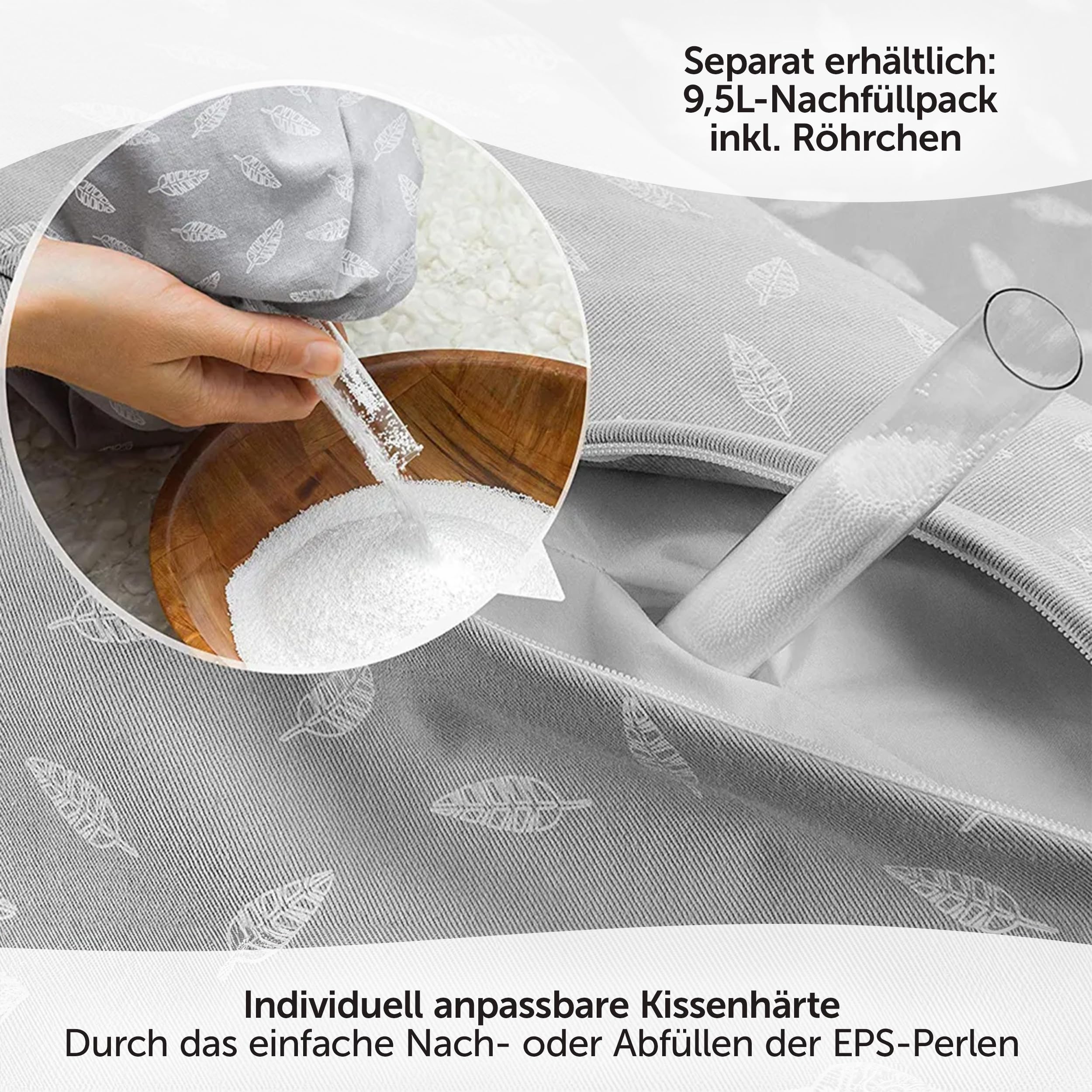 Theraline Das Original Stillkissen & Schwangerschaftskissen - 190cm inkl. Bezug aus 100% Baumwolle - Füllung aus leisen EPS-Perlen - Lagerungskissen, schadstoffgeprüft - Blätter Grau Weiß