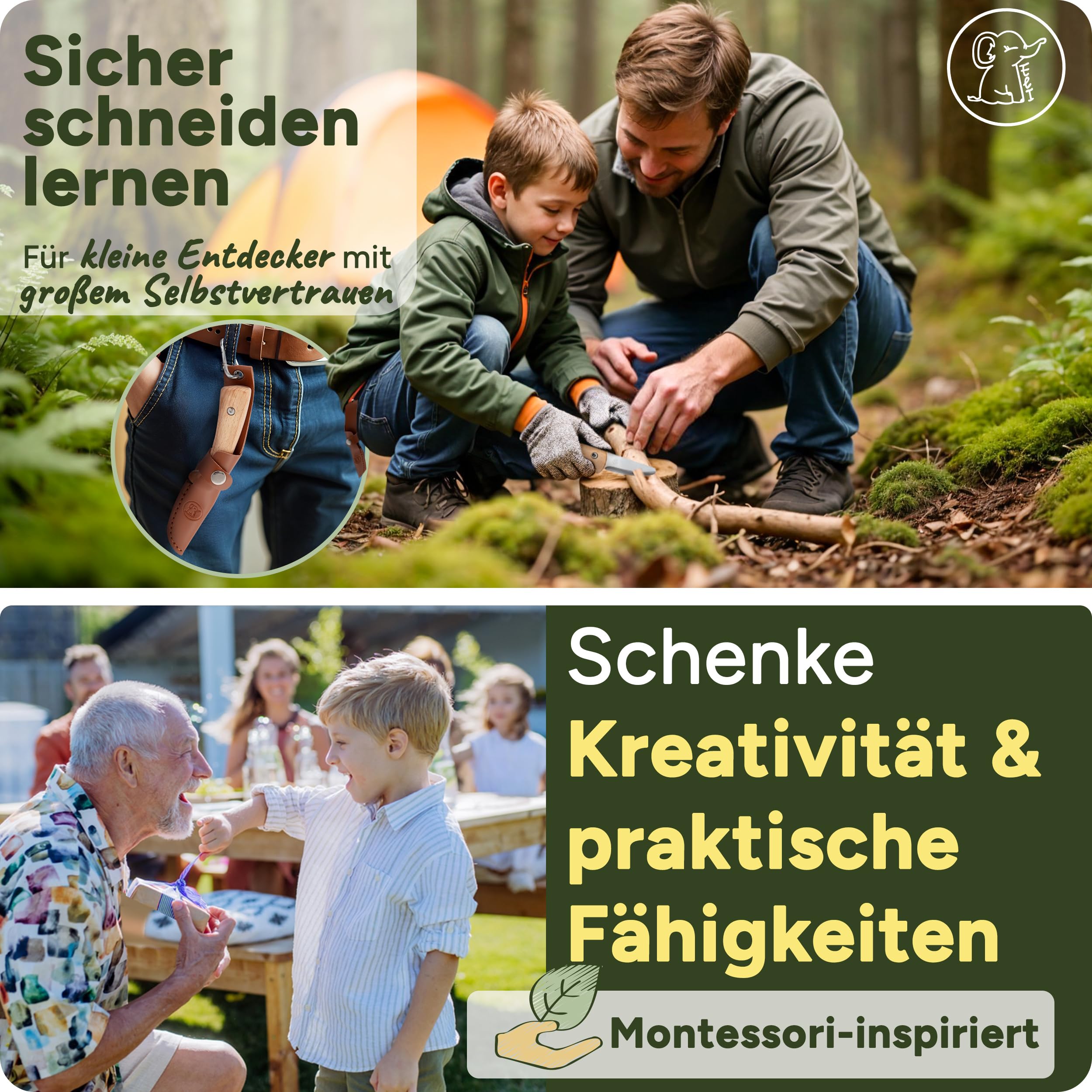 Eli® Schnitzmesser für Kinder mit Ledertasche ab 8 Jahre - hochwertiges Kindermesser Schnitzset inkl. schnittfeste Handschuhe - Kinderschnitzmesser - Schnitzwerkzeug - Outdoor Messer
