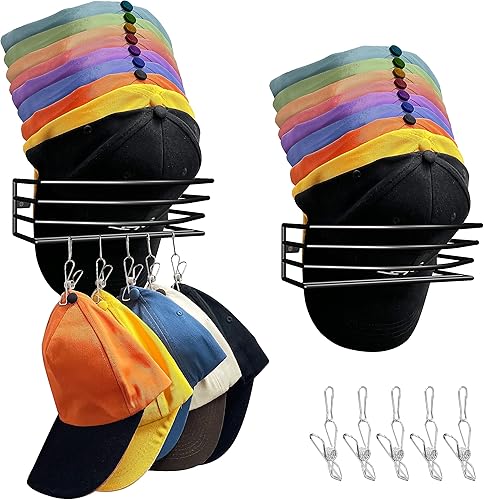 Hat Organizer, 2 Pack Wall Mount Hat Racks for Baseball Caps with 10 Hat Storage Clips, Compact Baseball Cap Organizer for 30 Caps Storage