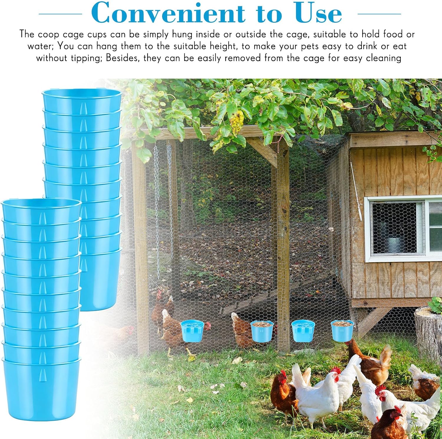 Sumind 60 Pcs Cage Cups Chicken Feeder Birds Hanging Feeders Seed Bowl 8 oz Plastic Water Bowl Hanging Chicken Gamefowl Waterer Feeding Watering Dish Coop Cups for Parrot Parakeet Poultry (Light Blue)