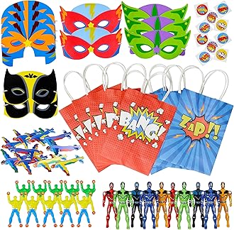 THE TWIDDLERS - 60 Piece Superhero Pre-Filled Party Bags, Hero Themed Gift Toy Loot Bags with Action Figures, Masks, Tattoo Stickers for Kids Birthday