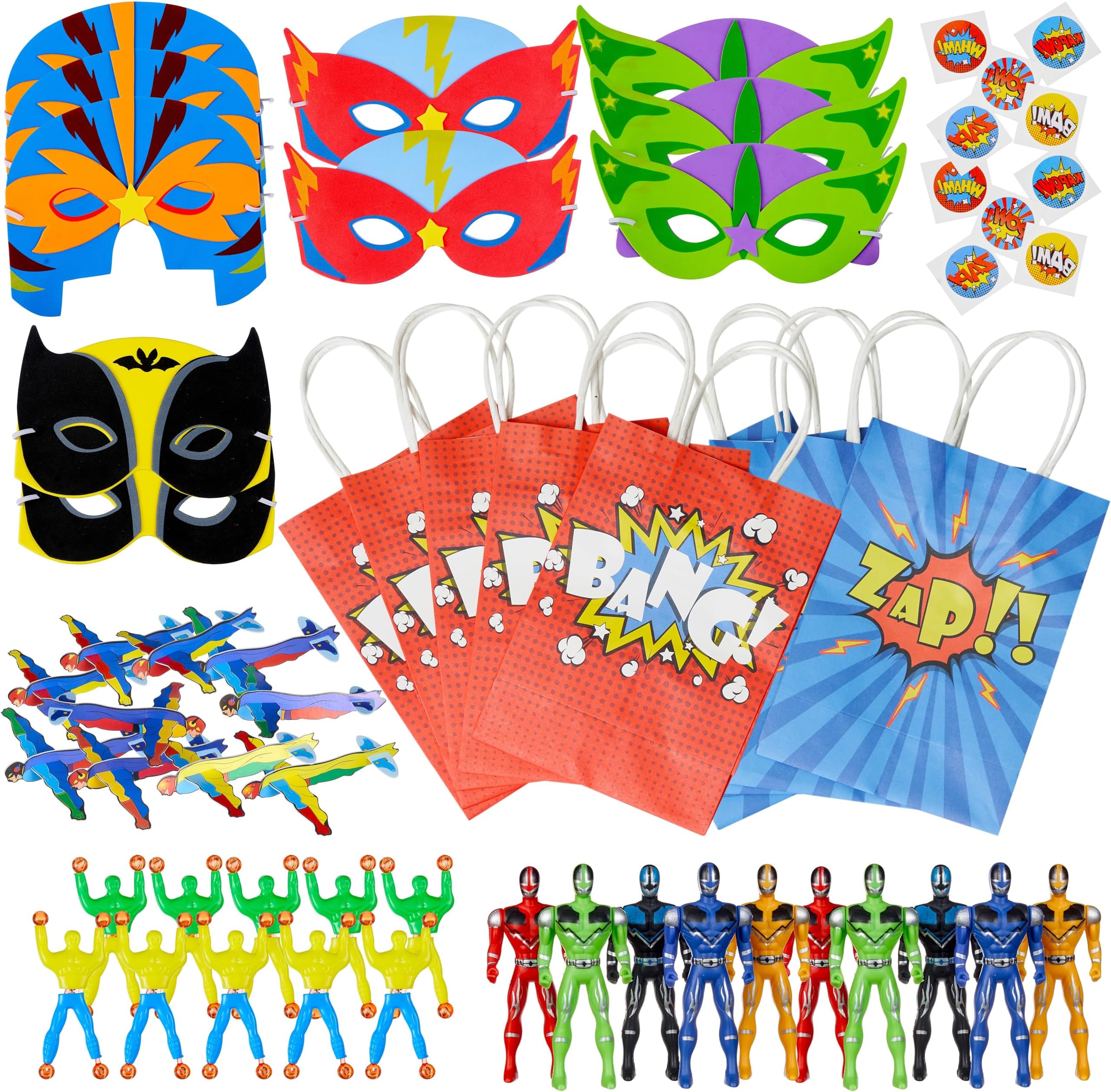 THE TWIDDLERS - 60 Piece Superhero Pre-Filled Party Bags, Hero Themed Gift Toy Loot Bags with Action Figures, Masks, Tattoo Stickers for Kids Birthday